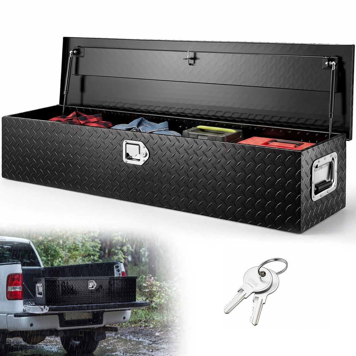 VEVOR Heavy Duty Aluminum Truck Bed Tool Box, Diamond Plate Tool Box with Side Handle and Lock Keys, Storage Tool Box Chest Box Organizer for Pickup, Truck Bed, RV, Trailer, 48"x15"x15", Black