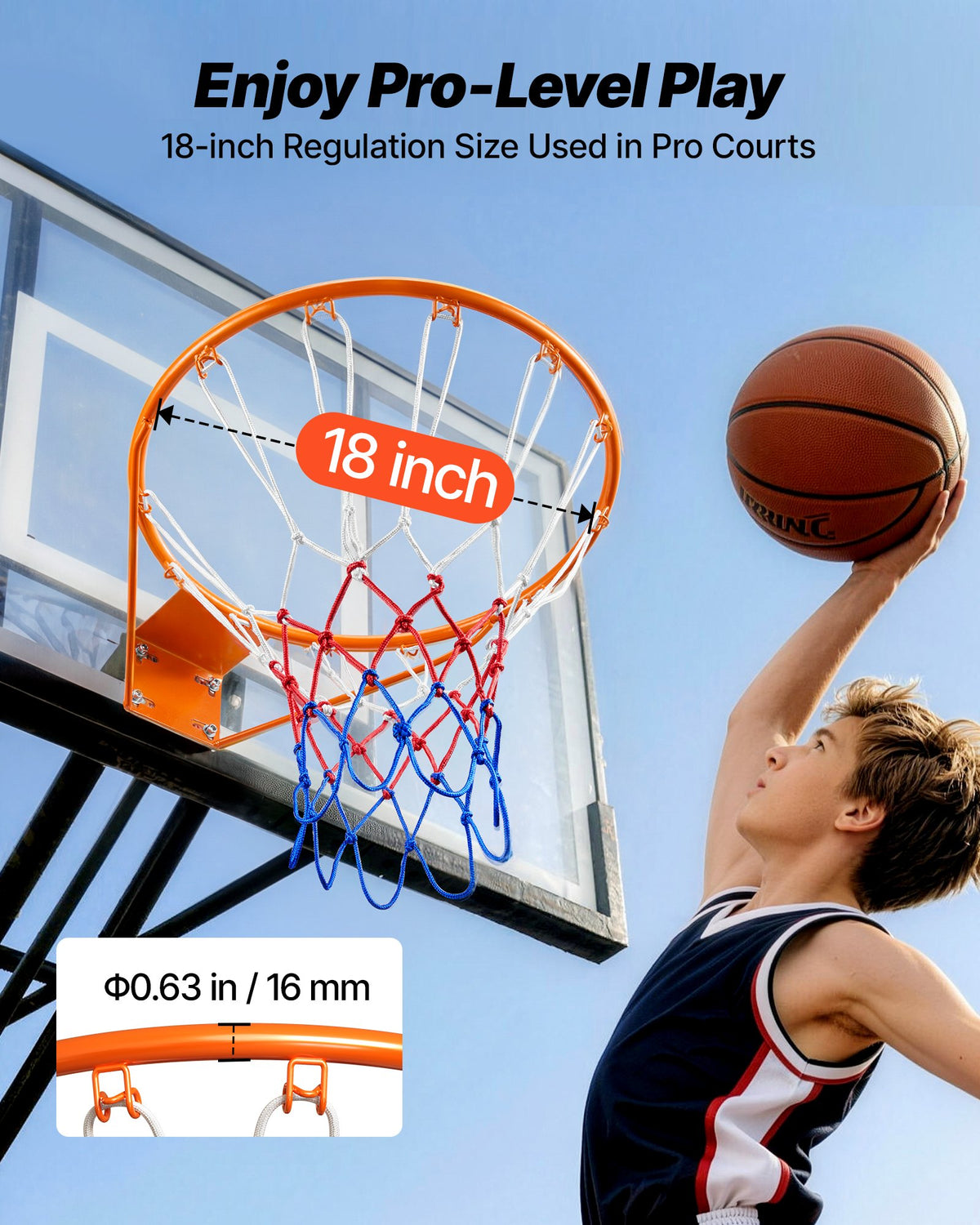 VEVOR Basketball Rim, Wall Door Mounted Basketball Hoop, Heavy Duty Q235 Basketball Flex Rim Goal Replacement with Net, Standard 18" Indoor and Outdoor Hanging Basketball Hoop for Kids Adults