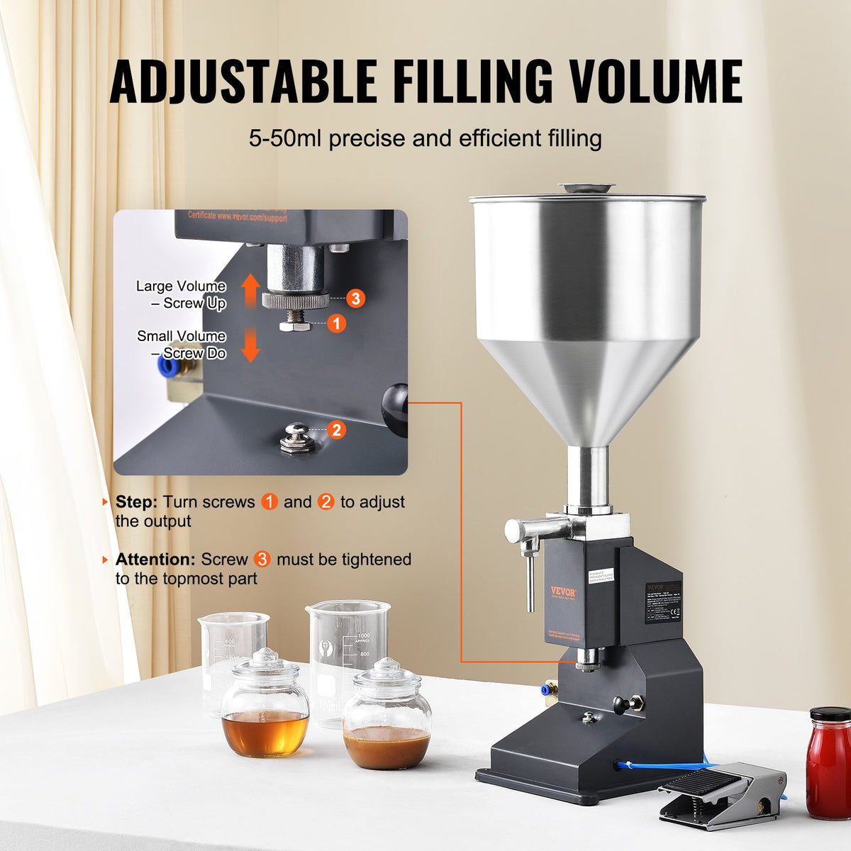 VEVOR Pneumatic Paste Liquid Filling Machine, 5-50ml Bottle Filler, Bottle Filling Machine, Stainless Steel Liquid Filler with Pedal for Milk Water Juice Essential Oil Shampoo Cosmetic Honey Lotion