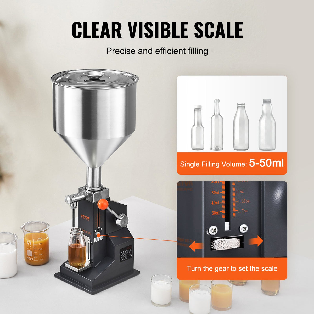 VEVOR Manual Paste Liquid Filling Machine, 5-50ml Bottle Filler, Adjustable Bottle Filling Machine, Stainless Steel Liquid Filler with Hopper for Milk Water Juice Essential Oil Shampoo Cosmetic Honey