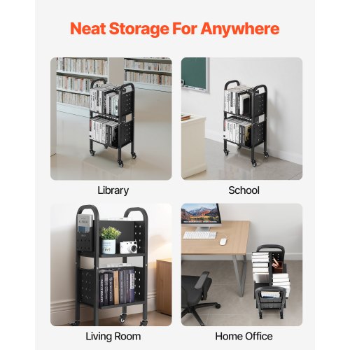 VEVOR Rolling Library Book Cart, 70 kg Capacity, 45 x 33 x 88 cm Library Cart, Double Sided L-Shaped Shelves with 50.8 mm Loc