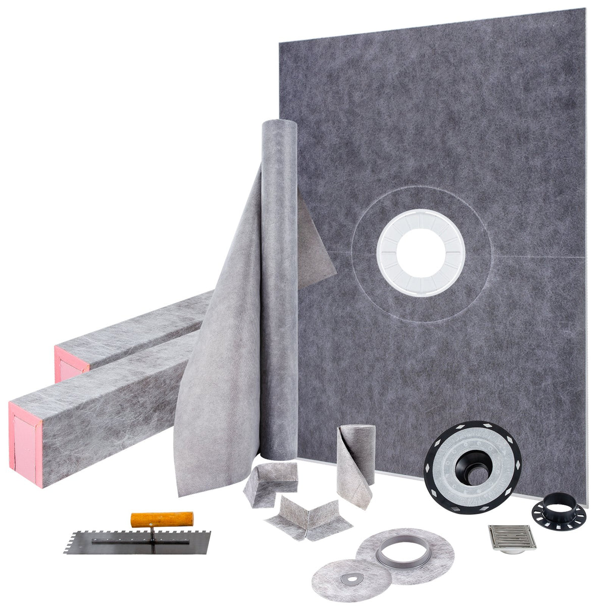VEVOR Shower Curb Kit, 38\"x60\" Watertight Shower Curb Overlay with 4\" ABS Central Bonding Flange, 4\" Stainless Steel Grate, 2 Cuttable Shower Curb and Trowel, Shower Pan Slope Sticks Fit for Bathr