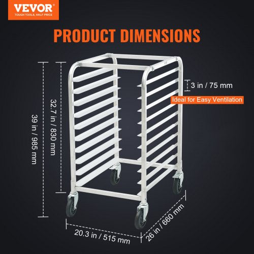 VEVOR Bun Pan Rack, 10-Tier Commercial Bakery Racks with Brake Wheels, Aluminum Racking Trolley Storage for Half & Full Sheet