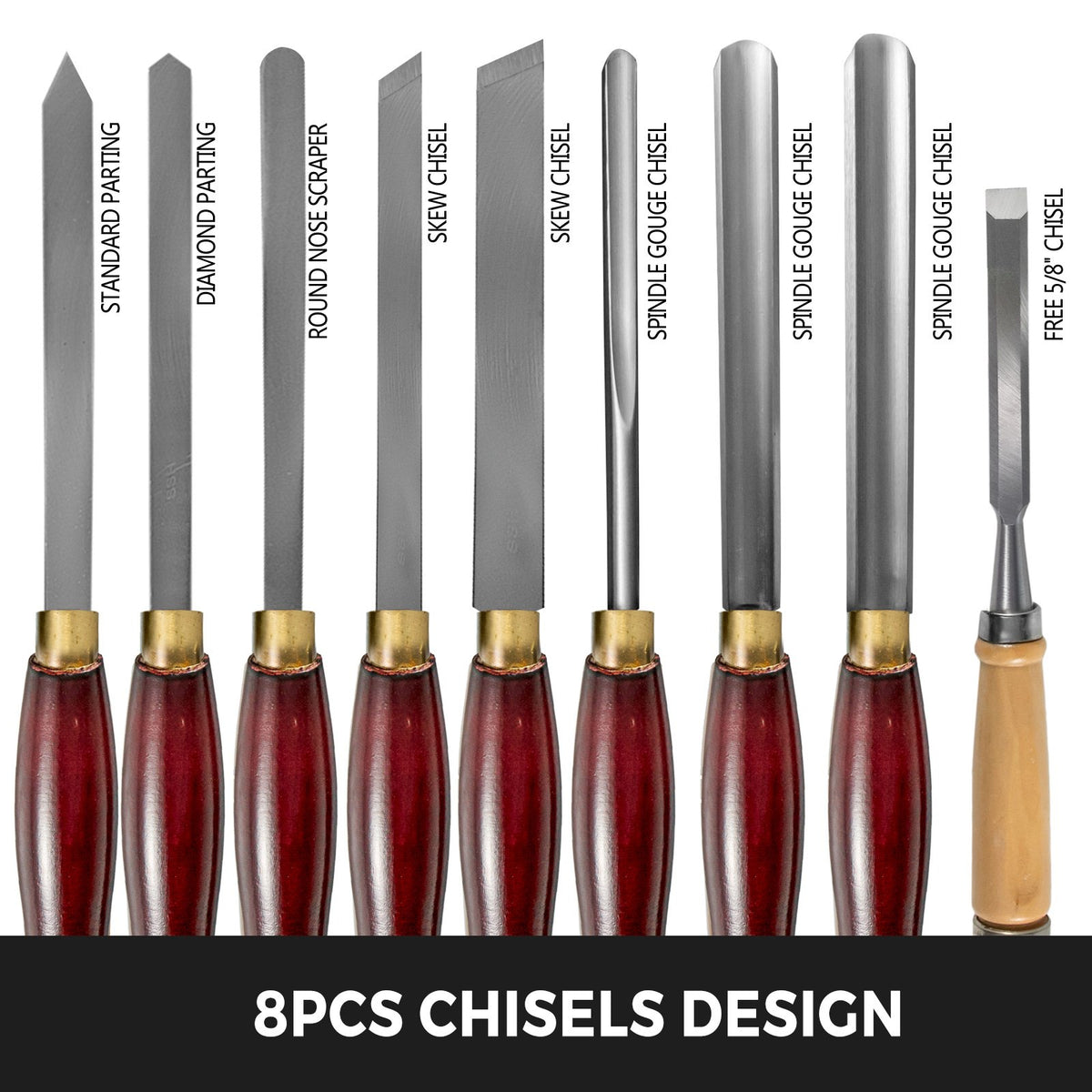 VEVOR 8-Piece Wood Lathe Chisel Kit, HSS Steel Blades, Woodworking Turning Tools with Wooden Storage Case, Ideal for Wood, Root, and Furniture Carving - Red