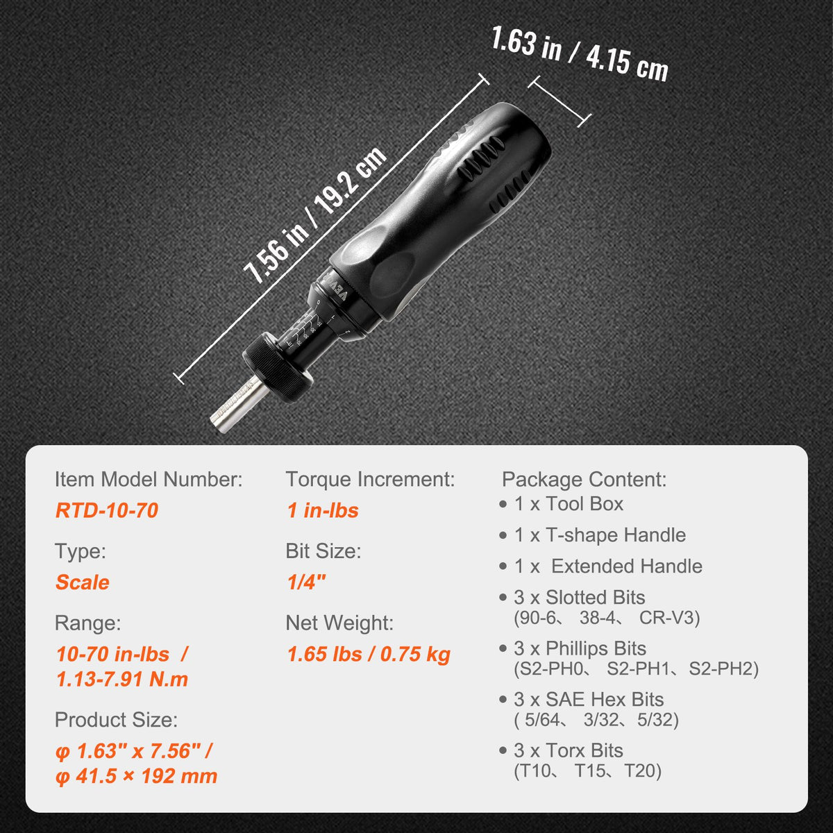 VEVOR Torque Screwdriver, 1/4" Drive Screwdriver Torque Wrench, Electrician Torque Screwdriver with Scale, 10-70 in/lbs Torque Range, 1 in-lbs Torque Increment Torque Screwdriver with Bits & Case