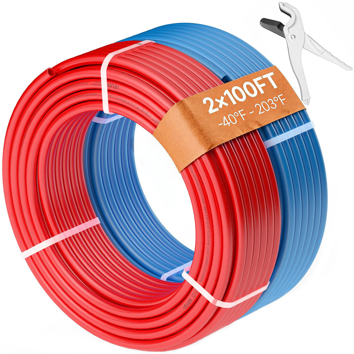 VEVOR PEX Pipe 1/2 Inch, 2 x 100 Feet Length PEX-A Flexible Pipe Tubing for Potable Water, Pex Water Lines for Hot/Cold Water & Easily Restore, Plumbing Applications with Free Cutter, Blue & Red