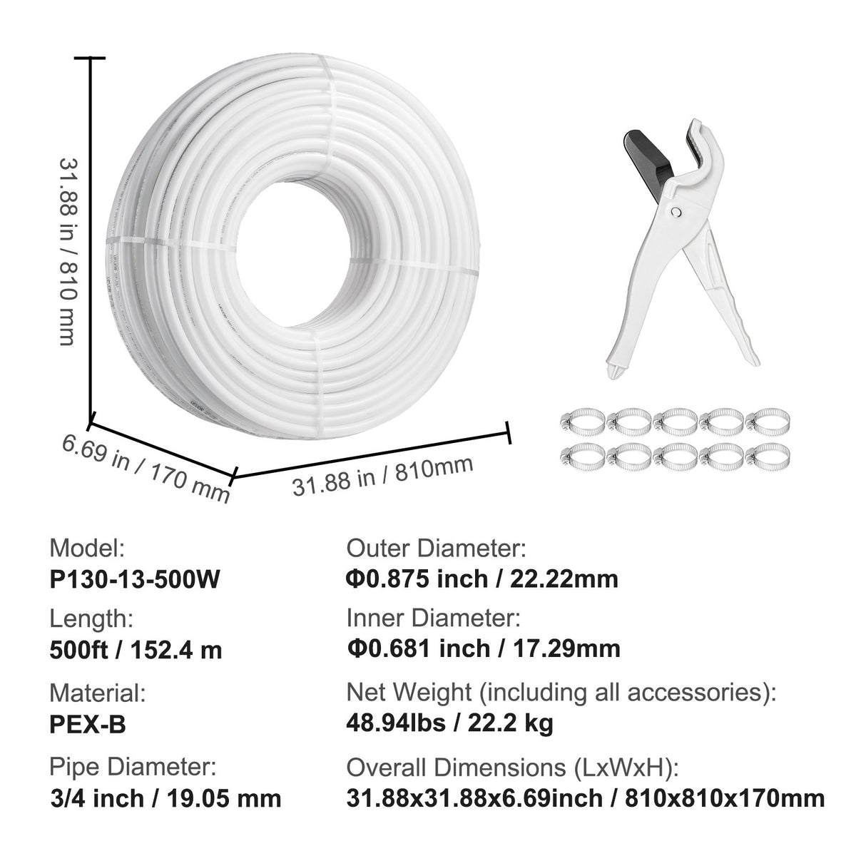 VEVOR PEX Pipe 3/4 Inch, 500 Feet Length PEX-B Flexible Pipe Tubing for Potable Water, Pex Water Lines for Hot/Cold Water & Easily Restore, Plumbing Applications with Free Cutter & Clamps ,White