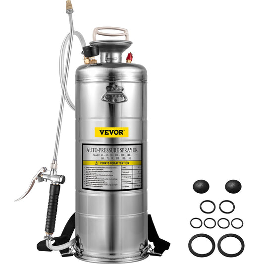 VEVOR 3.5Gal Stainless Steel Sprayer,l Set with 20\" Wand& Handle& 3FT Reinforced Hose, Hand Pump Sprayer with Pressure Gauge&Safety Valve, Adjustable Nozzle Suitable for Gardening& Sanitizing