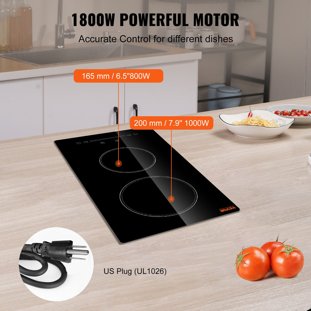VEVOR Built in Electric Stove Top, 20 x 11.6 inch 2 Burners, 240V Glass Radiant Cooktop with Sensor Touch Control, Timer & Child Lock Included, 9 Power Levels for Simmer Steam Slow Cook Fry