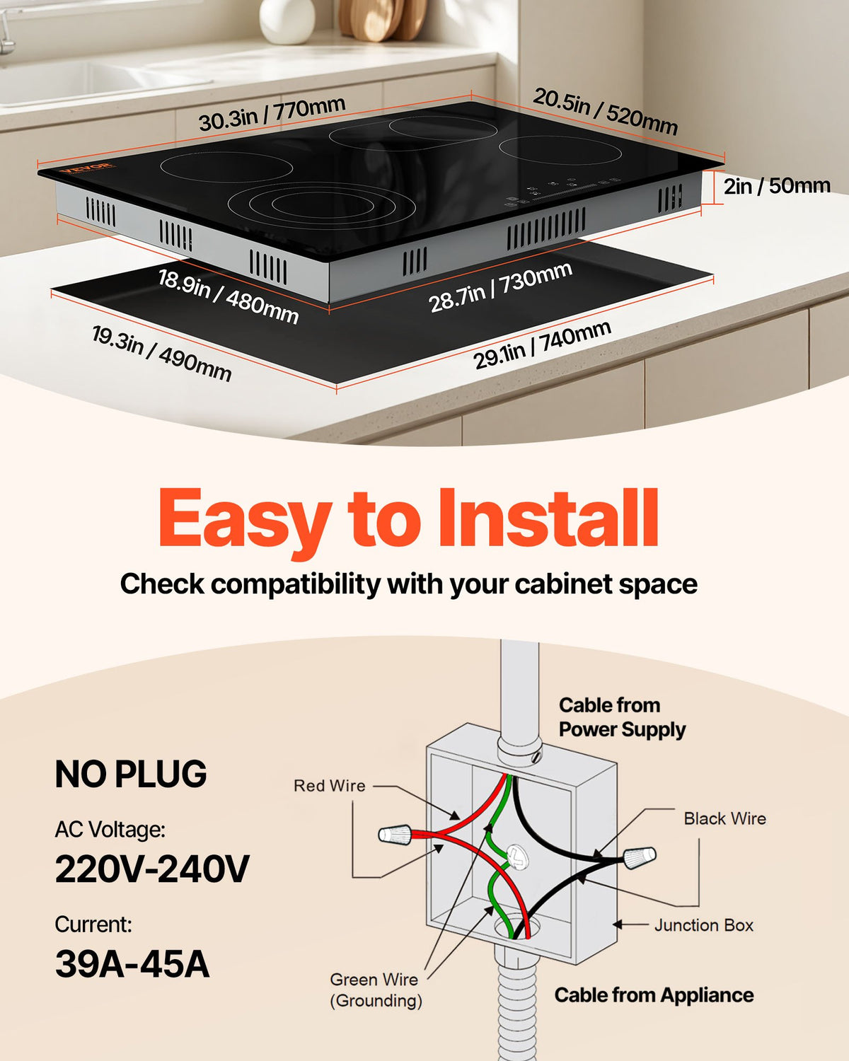 VEVOR Built in Electric Stove Top, 30.3 x 20.5 inch 4 Burners, 240V Glass Radiant Cooktop with Sensor Touch Control, Timer & Child Lock Included, 9 Power Levels for Simmer Steam Slow Cook Fry