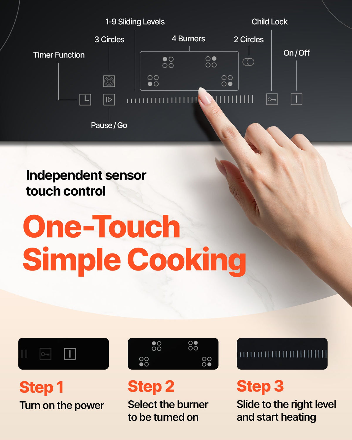 VEVOR Built in Electric Stove Top, 30.3 x 20.5 inch 4 Burners, 240V Glass Radiant Cooktop with Sensor Touch Control, Timer & Child Lock Included, 9 Power Levels for Simmer Steam Slow Cook Fry