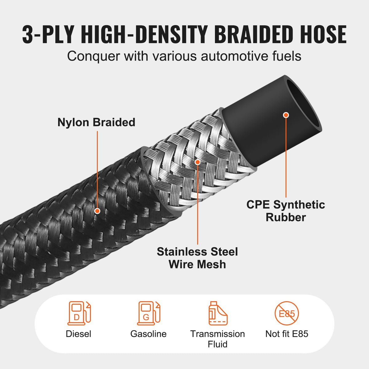 VEVOR 8AN Fuel Line Kit, 20 FT Fuel Hose Kit, 0.43" Nylon Stainless Steel Braided Fuel Line Oil/Gas/Diesel Hose End Fitting Kit, with 12 PCS Swivel Fitting Adapter Kit, Black