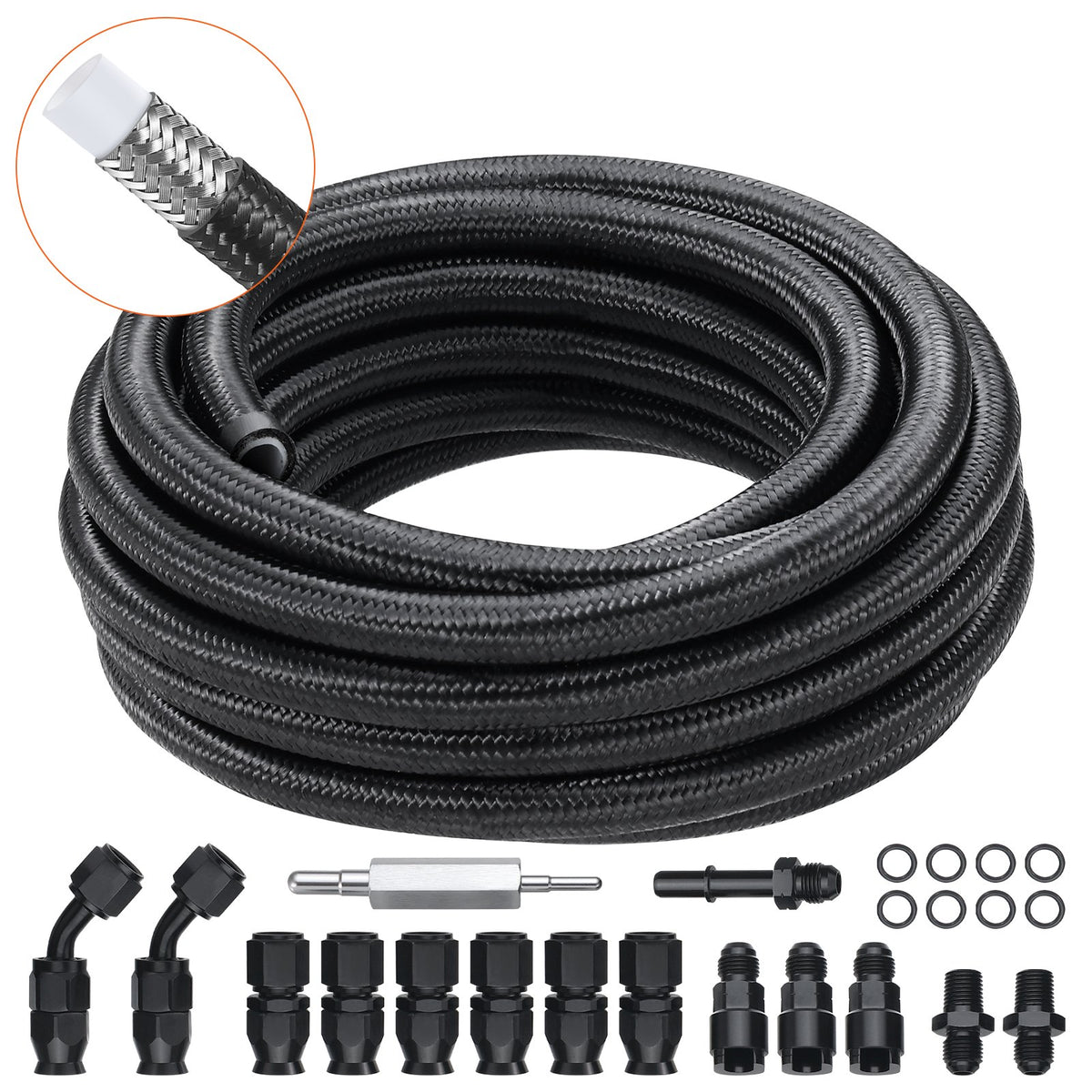 VEVOR 6AN Fuel Line Kit, 25 FT Fuel Hose Kit, 5/16" Nylon Stainless Steel Braided PTFE Fuel Line Kit, E85/Oil/Gas/Diesel Hose End Fitting Kit, with 15 PCS Swivel Fitting Adapter Kit, Black