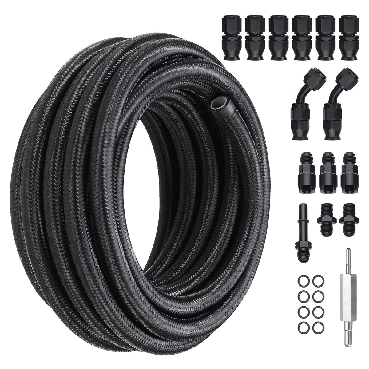 VEVOR 6AN Fuel Line Kit, 25 FT Fuel Hose Kit, 5/16" Nylon Stainless Steel Braided PTFE Fuel Line Kit, E85/Oil/Gas/Diesel Hose End Fitting Kit, with 15 PCS Swivel Fitting Adapter Kit, Black