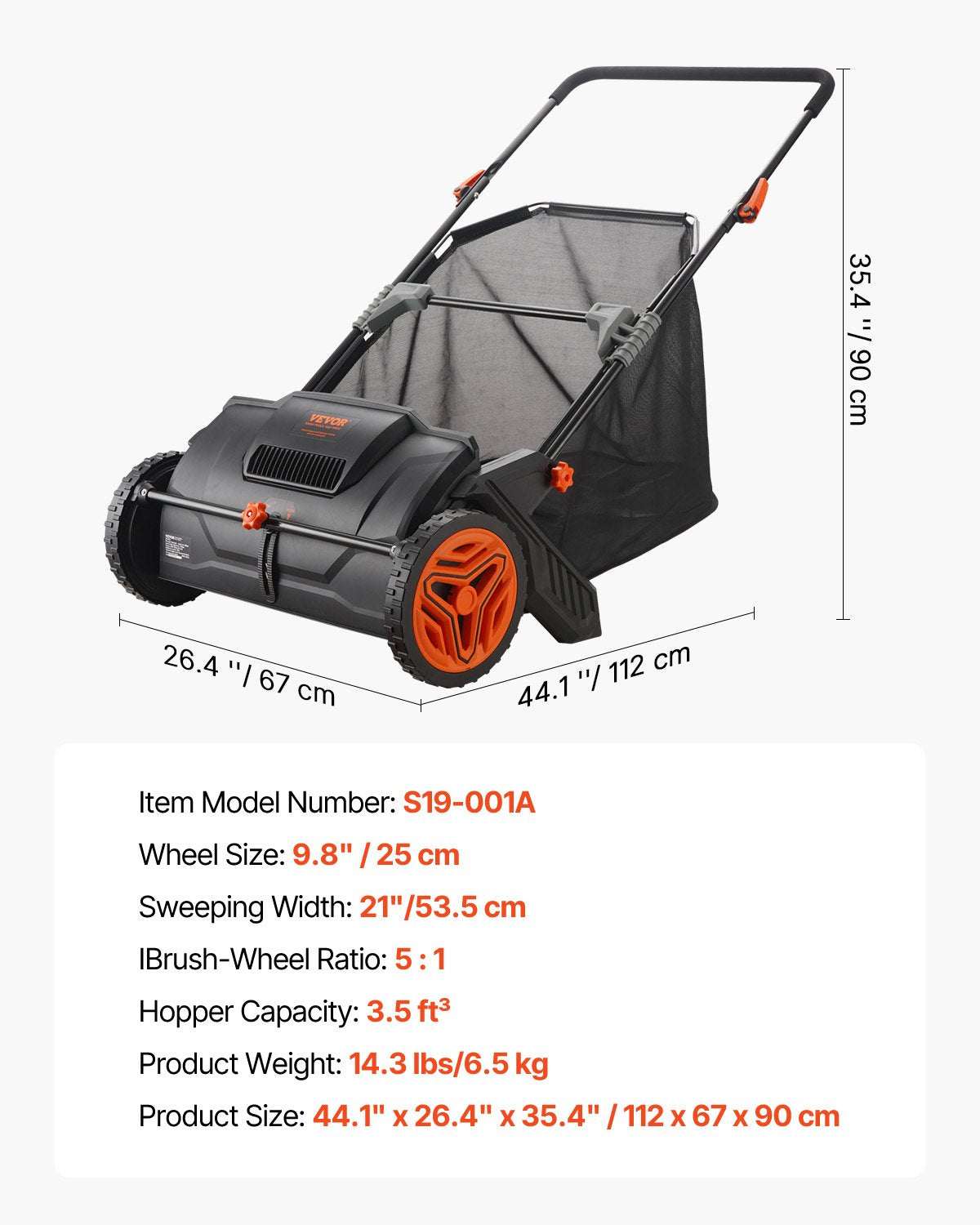 VEVOR Push Lawn Sweeper, 21inch Leaf & Grass Collector, Strong Plastic Wheels & Heavy Duty Thickened Steel Durable to Use with Large Capacity 3.5 cu. ft. Mesh Collection Hopper Bag, 2 Spinning Brushes