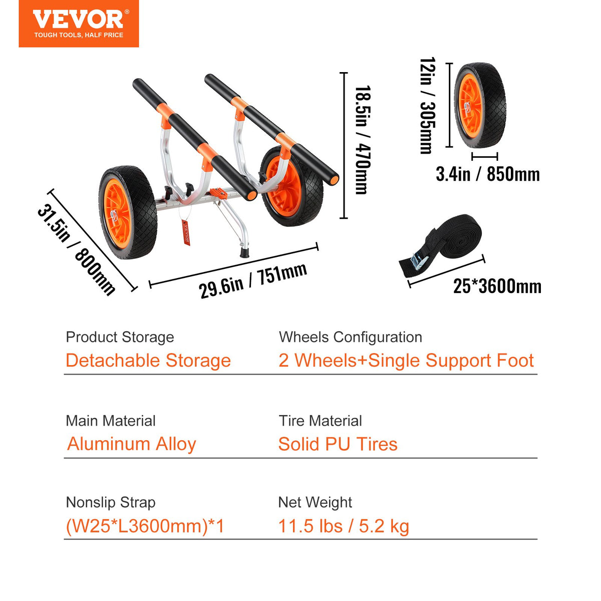 VEVOR Heavy Duty Kayak Cart, 450lbs Load Capacity, Detachable Canoe Trolley Cart with 12'' Solid Tires, Adjustable Width & Nonslip Support Foot, for Kayaks Canoes Paddleboards Float Mats Jon Boats