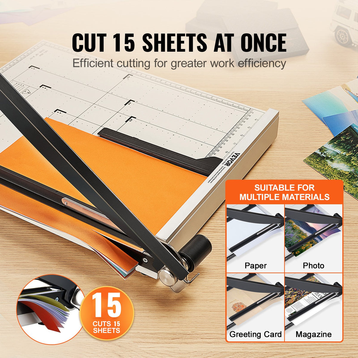 VEVOR Paper Cutter, Guillotine Trimmer, 18" Cut Length, 15 Sheets Capacity, Heavy Duty Guillotine Paper Cutter with Guard Rail/Blade Lock for Cardstock/Cardboard, Paper Trimmer for Home Office School