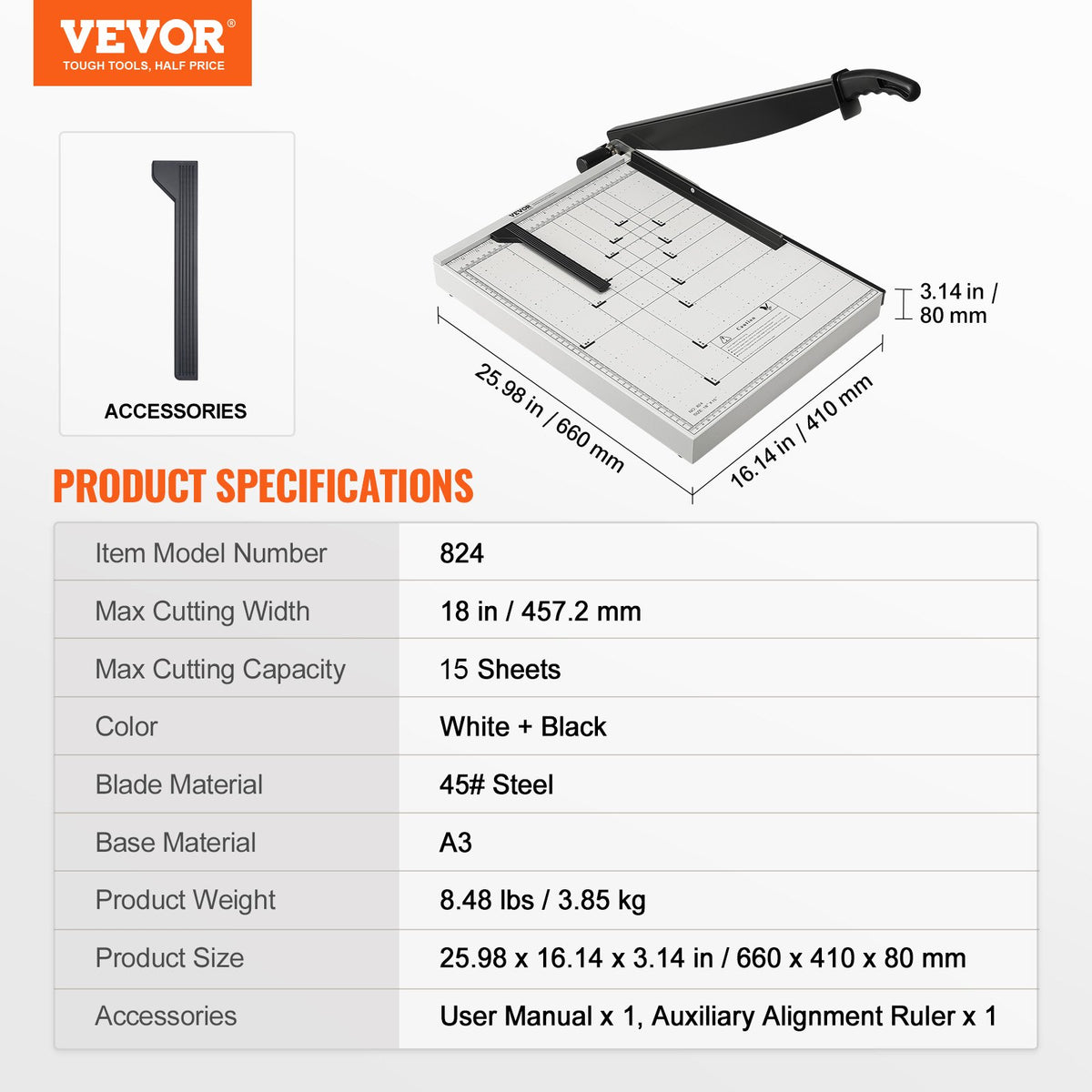 VEVOR Paper Cutter, Guillotine Trimmer, 18" Cut Length, 15 Sheets Capacity, Heavy Duty Guillotine Paper Cutter with Guard Rail/Blade Lock for Cardstock/Cardboard, Paper Trimmer for Home Office School