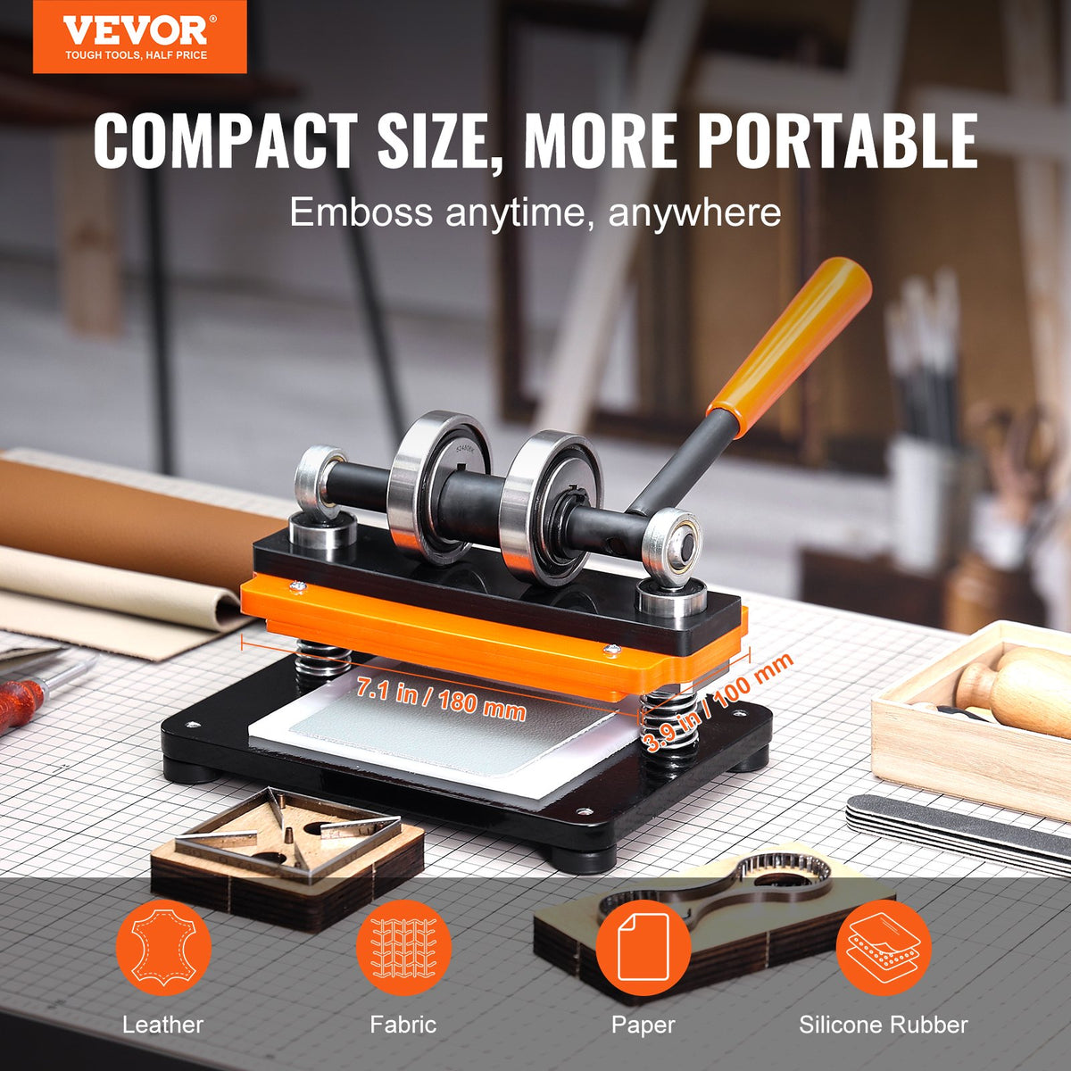 VEVOR Leather Cutting Machine, 7.1 x 3.9 in Embossing Plate Manual Die Cutter, 0.47 in Pressure Stroke Dual Guide Shafts Die Cut Machine, Leather Embossing Machine for Various of Materials