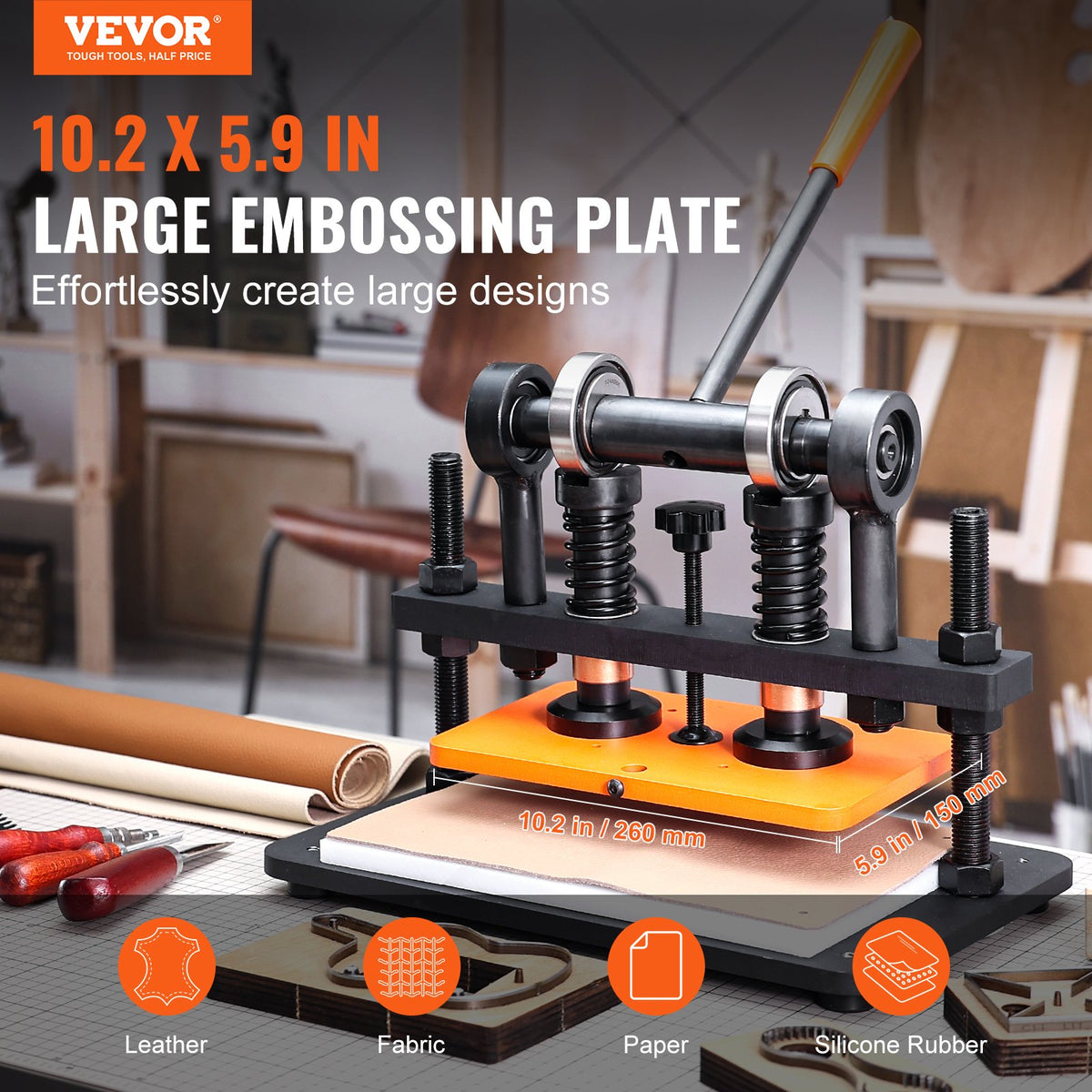 VEVOR Leather Cutting Machine, 10.2 x 5.9 in Embossing Plate Manual Die Cutter, 0.47 in Pressure Stroke Dual Guide Shafts Die Cut Machine, Leather Embossing Machine for Various of Materials