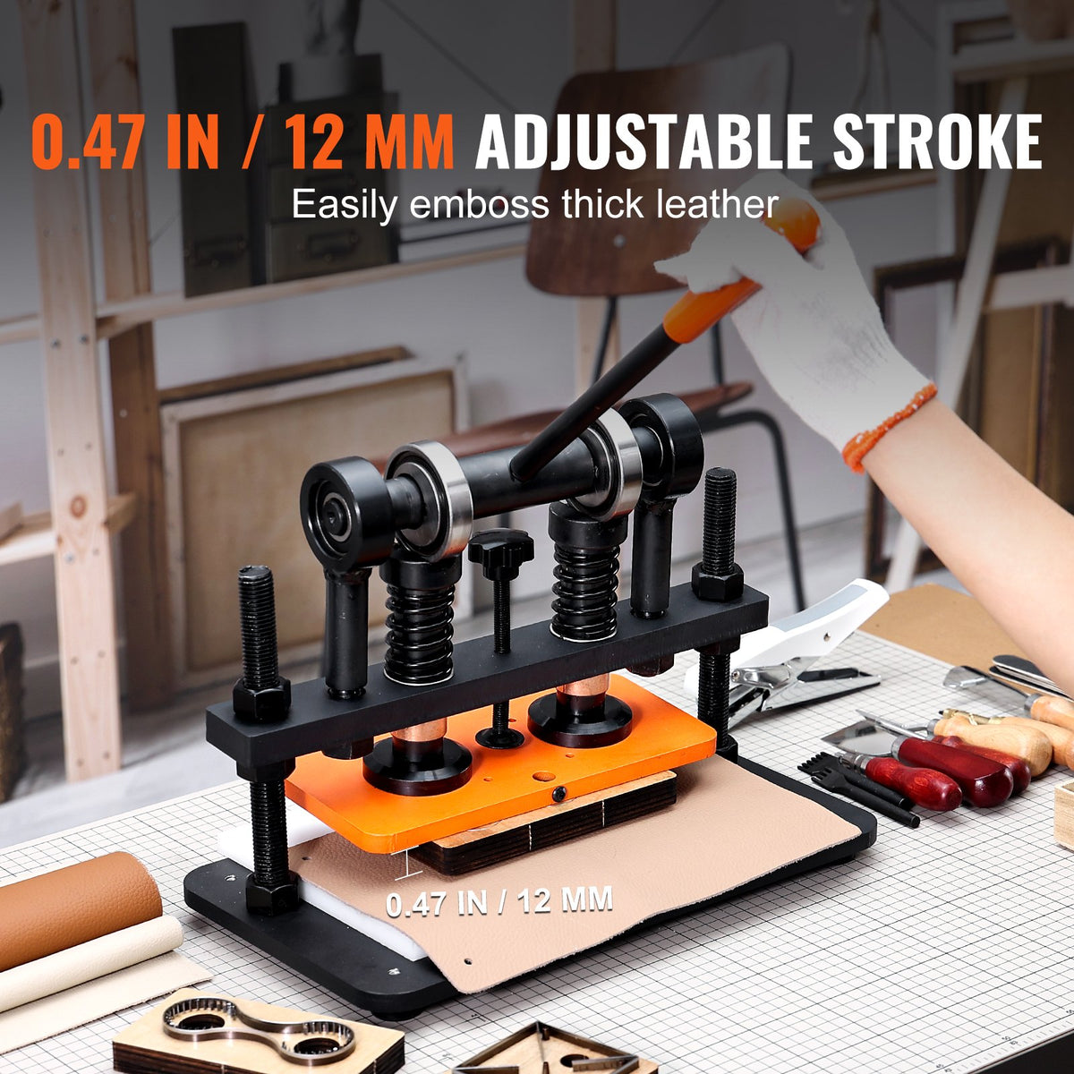 VEVOR Leather Cutting Machine, 10.2 x 4.7 in Embossing Plate Manual Die Cutter, 0.47 in Pressure Stroke Dual Guide Shafts Die Cut Machine, Leather Embossing Machine for Various of Materials