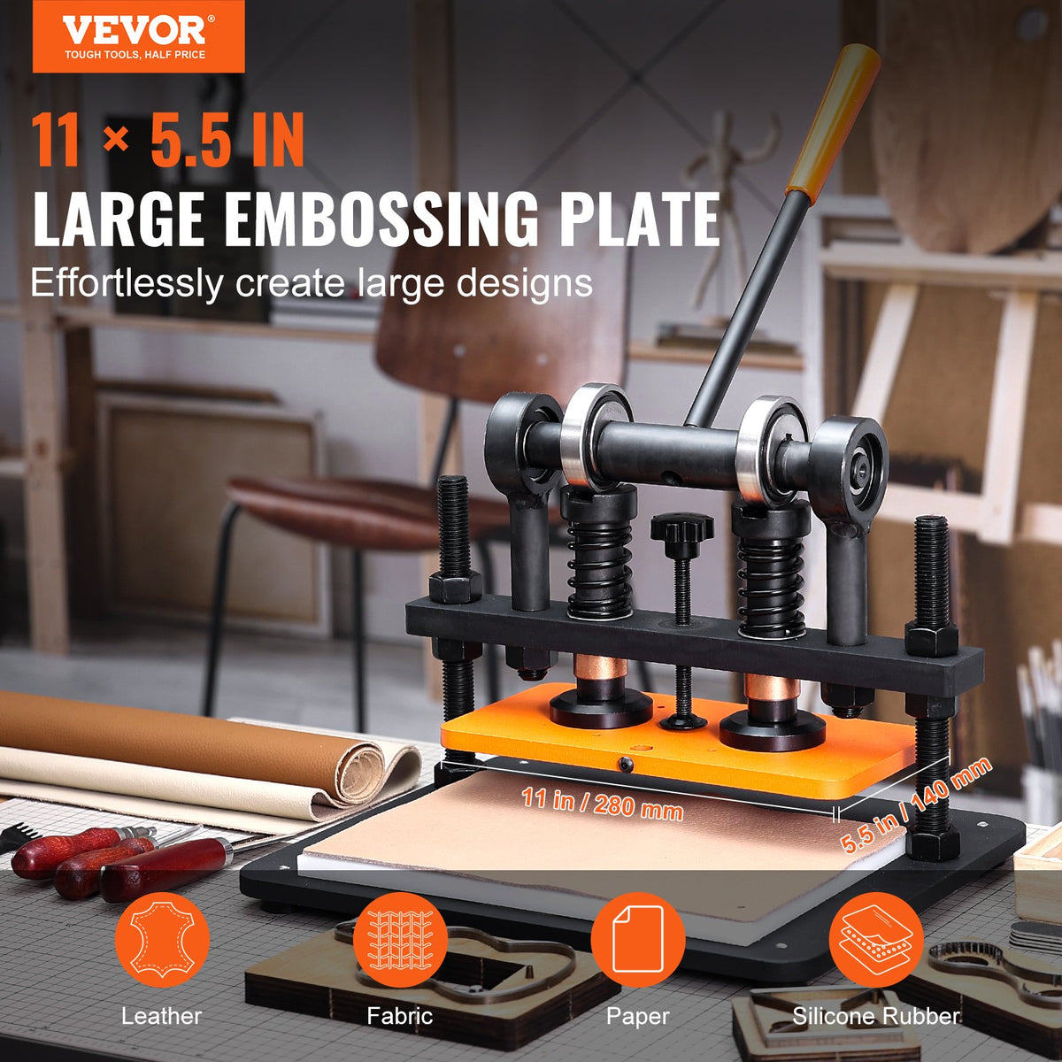 VEVOR Leather Cutting Machine, 11 x 5.5 in Embossing Plate Manual Die Cutter, 0.47 in Pressure Stroke Dual Guide Shafts Die Cut Machine, Leather Embossing Machine for Various of Materials