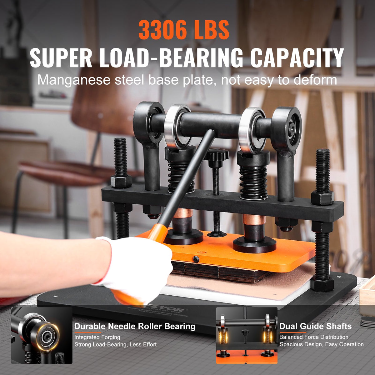 VEVOR Leather Cutting Machine, 11 x 5.5 in Embossing Plate Manual Die Cutter, 0.47 in Pressure Stroke Dual Guide Shafts Die Cut Machine, Leather Embossing Machine for Various of Materials