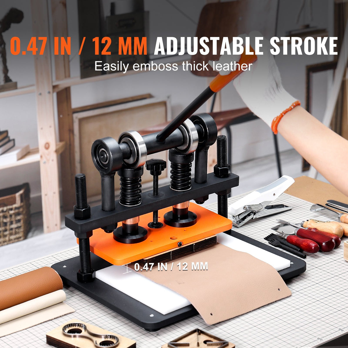 VEVOR Leather Cutting Machine, 11 x 5.5 in Embossing Plate Manual Die Cutter, 0.47 in Pressure Stroke Dual Guide Shafts Die Cut Machine, Leather Embossing Machine for Various of Materials