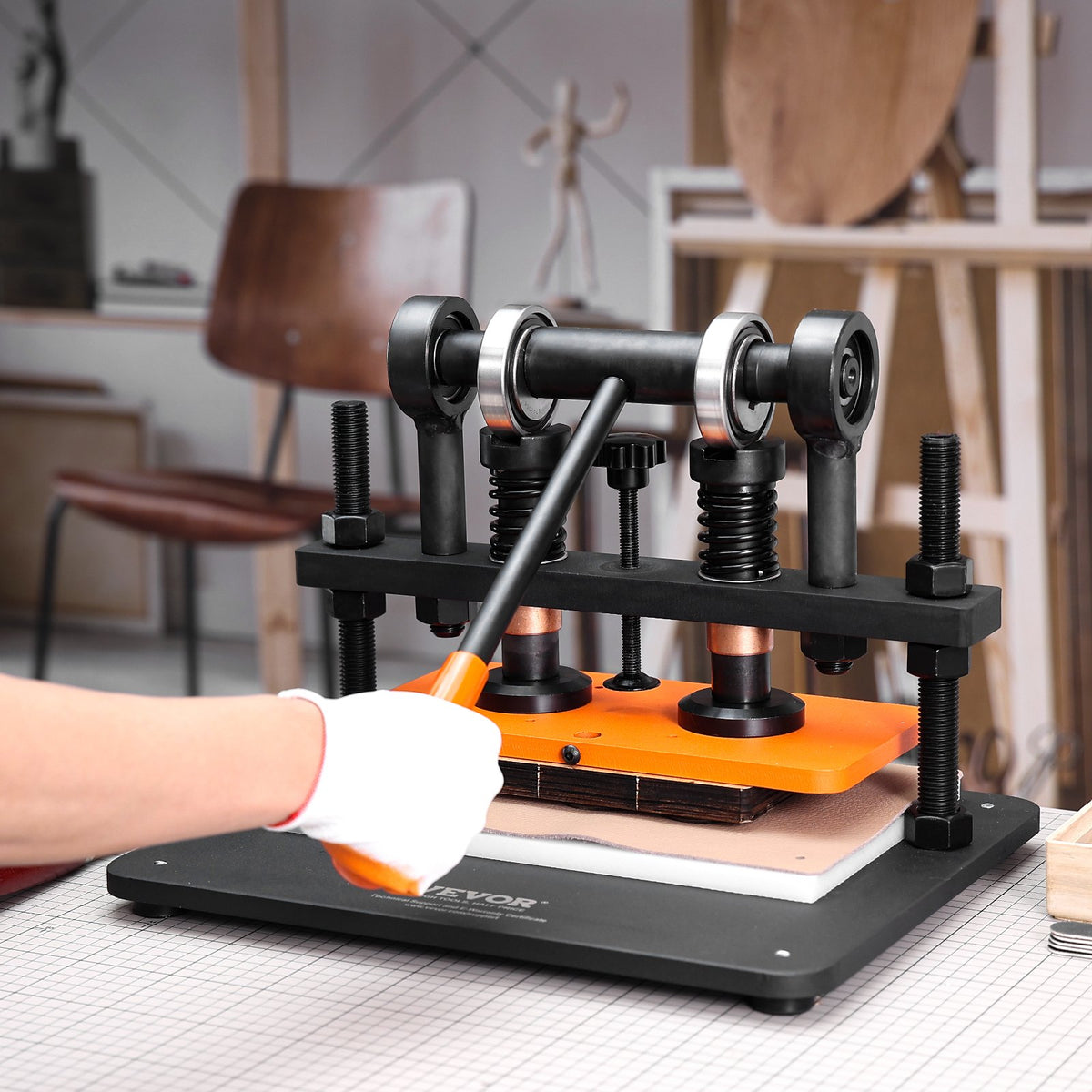 VEVOR Leather Cutting Machine, 11 x 5.5 in Embossing Plate Manual Die Cutter, 0.47 in Pressure Stroke Dual Guide Shafts Die Cut Machine, Leather Embossing Machine for Various of Materials