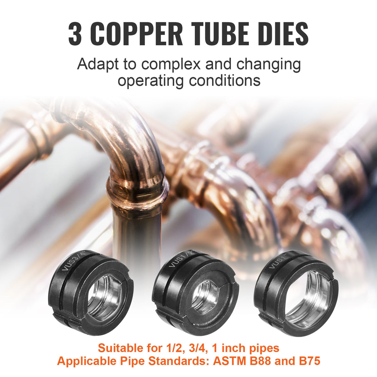 VEVOR Copper Press Tool Tube Fittings Crimping Kit, 360° Rotatable Press Crimper Tool with 1/2", 3/4", 1" Quick Change Jaws, Locking Pin & Extendable Handle, Meet ASTM B88 and B75 Standard