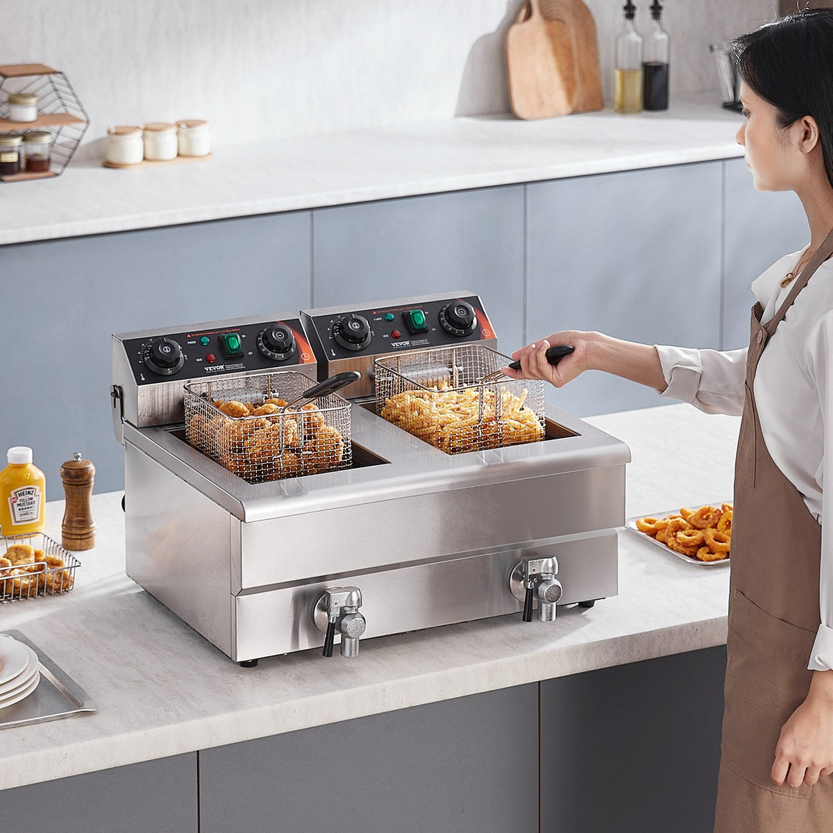 VEVOR Commercial Deep Fryer, Dual Tank 3000W Electric Countertop Fryer with Basket, 2 x 11.6Qt/11L Double Stainless Steel Oil Fryer with Oil Filtration, Time & Temp Control, for Kitchen Restaurant Use