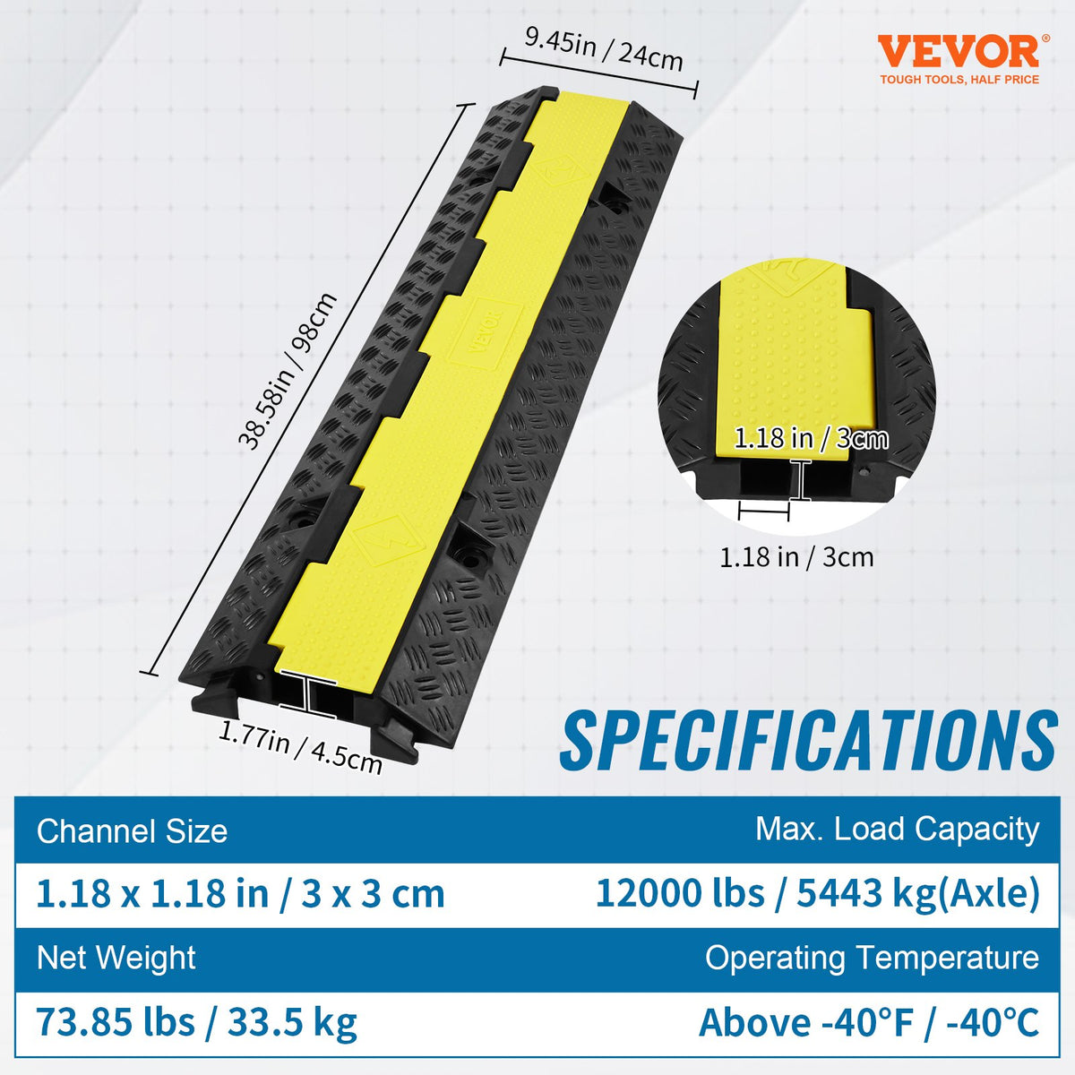 VEVOR 5-Piece Rubber Cable Guard, Dual Channel, 12000 lbs per Axle Load Capacity, Durable Hose & Wire Protection Ramp for Driveways, with Easy Access Top & 50 ft Caution Tape for Both Indoor & Outd