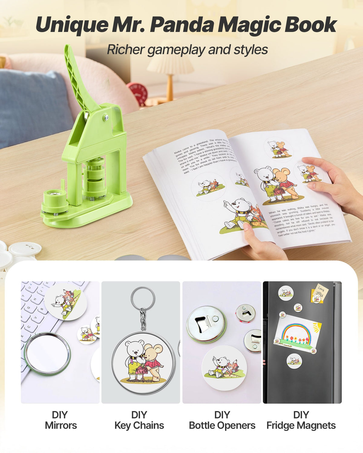 VEVOR Button Maker Machine, 25 mm, Plastic Pin Maker with 500pcs Button Parts, Mr. Panda Magic Book, Circle Cutter and Hex Wr