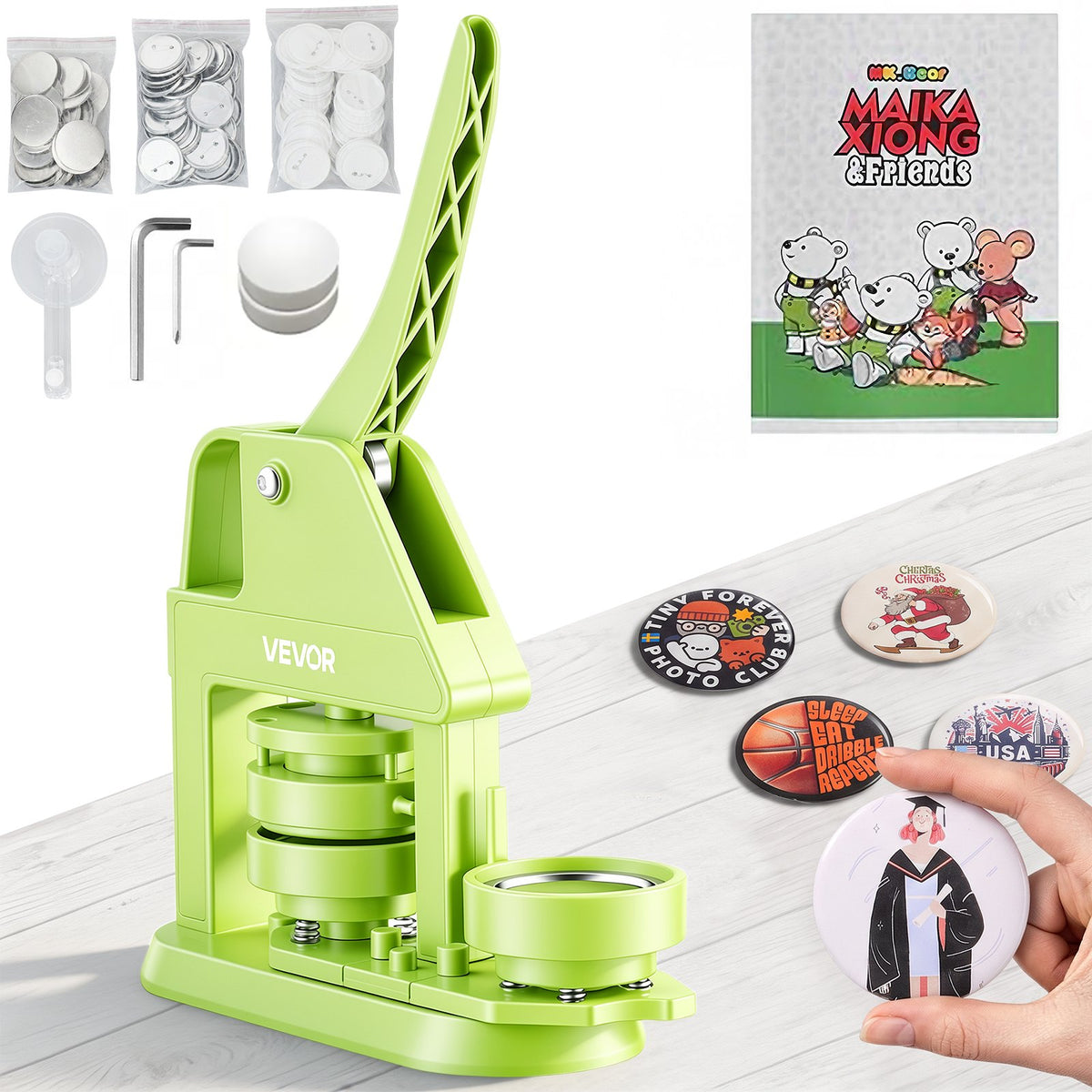 VEVOR Button Maker Machine, 58 mm, Plastic Pin Maker with 100pcs Button Parts, Mr. Panda Magic Book, Circle Cutter and Hex Wr