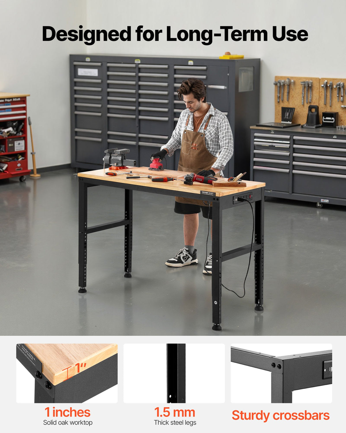 VEVOR Adjustable Workbench, 2000 lbs Capacity, 48 x 20-inch Heavy Duty Work Bench with 28.5-38.3 Inches Height Adjustment, Garage Workbench with Power Outlets, Suitable for Office, Garage, Workshop