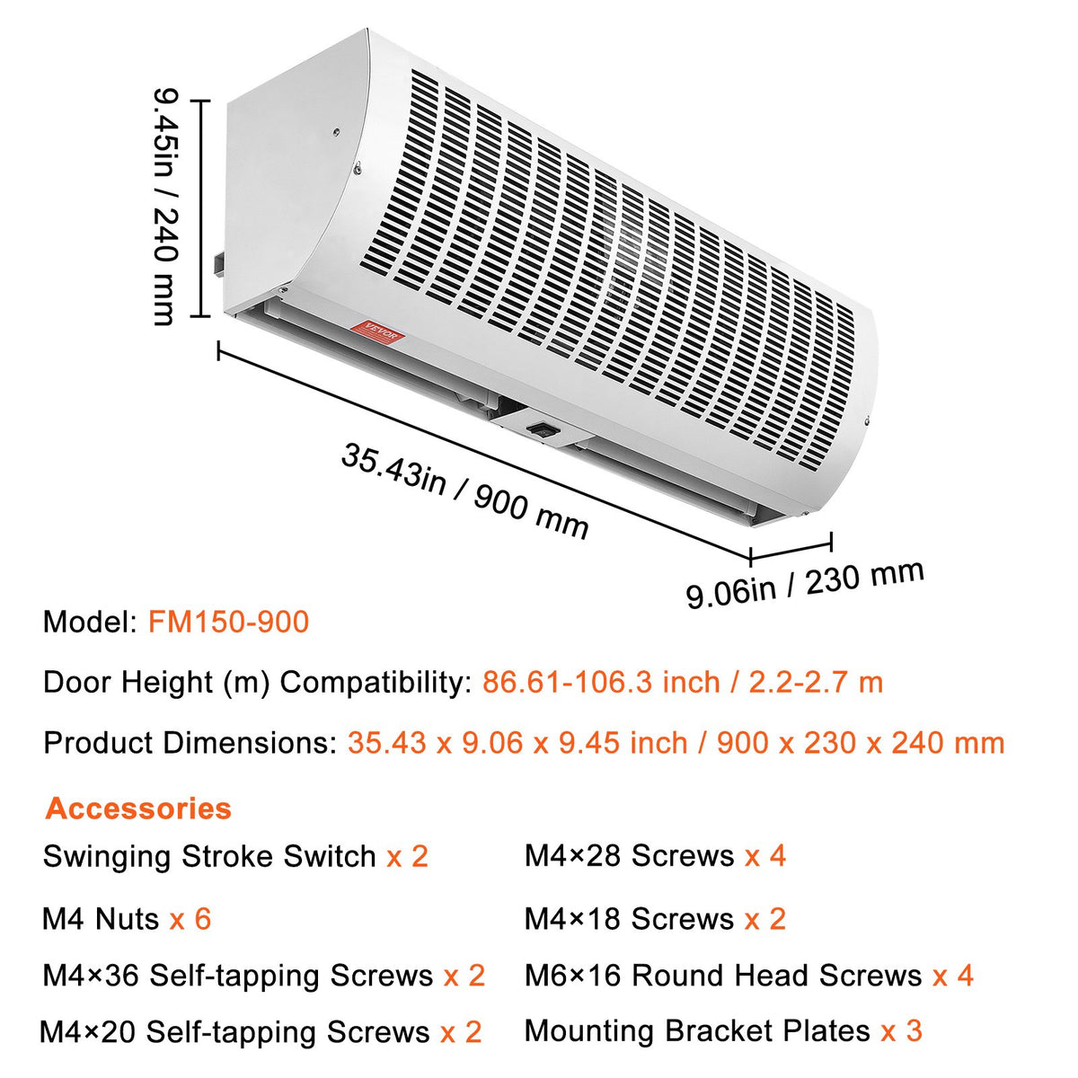 VEVOR 36" Industrial Air Door Blower, Dual-Speed 1200CFM, for Indoor Entryways, Includes Robust Limit Switch, Wall Mount Design, 110V Non-Heated, Simplified Installation