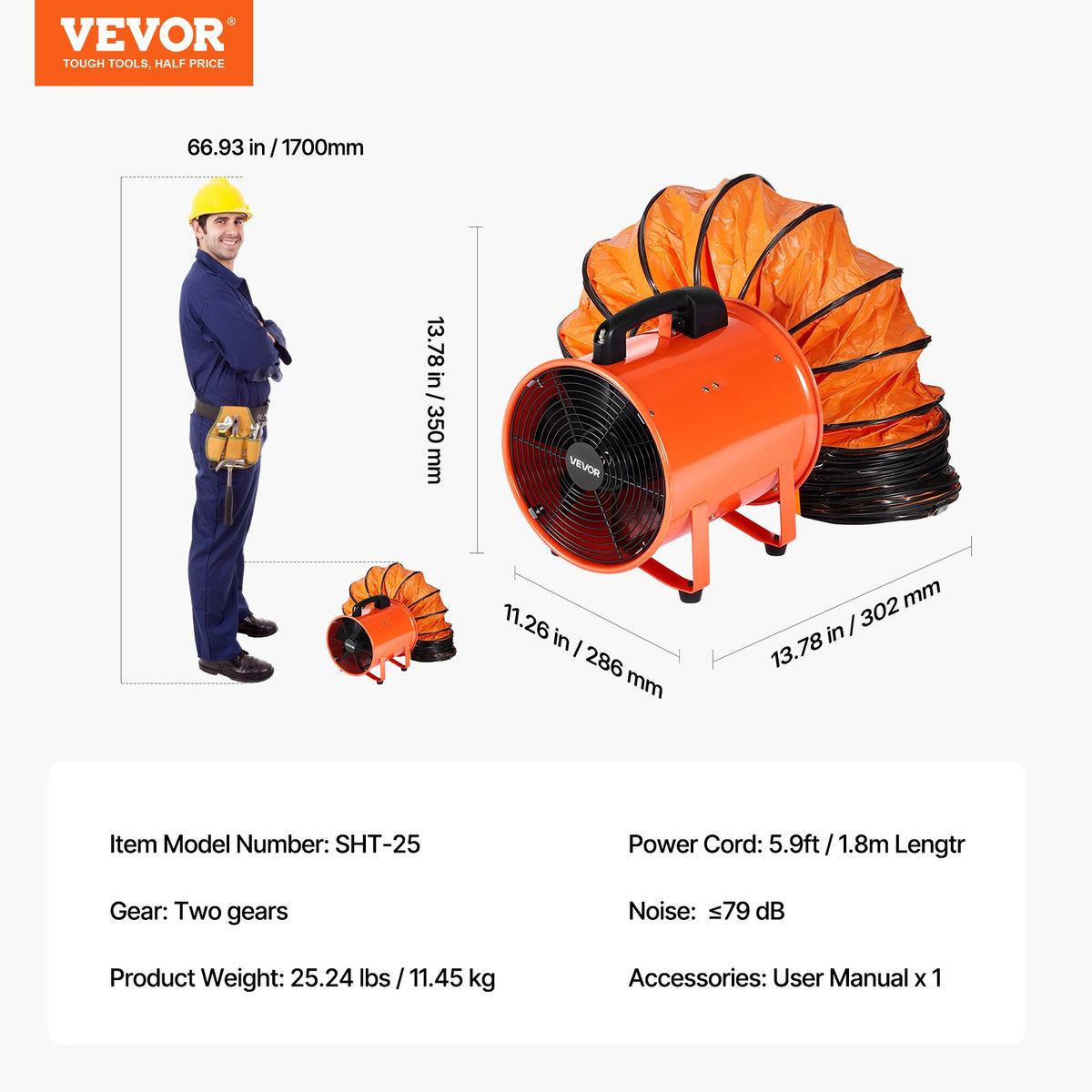 VEVOR Portable Ventilator, 10 inch Heavy Duty Cylinder Fan with 33ft Duct Hose, 350W Strong Shop Exhaust Blower 1948CFM, Industrial Utility Blower for Sucking Dust, Smoke, Smoke Home/Workplace