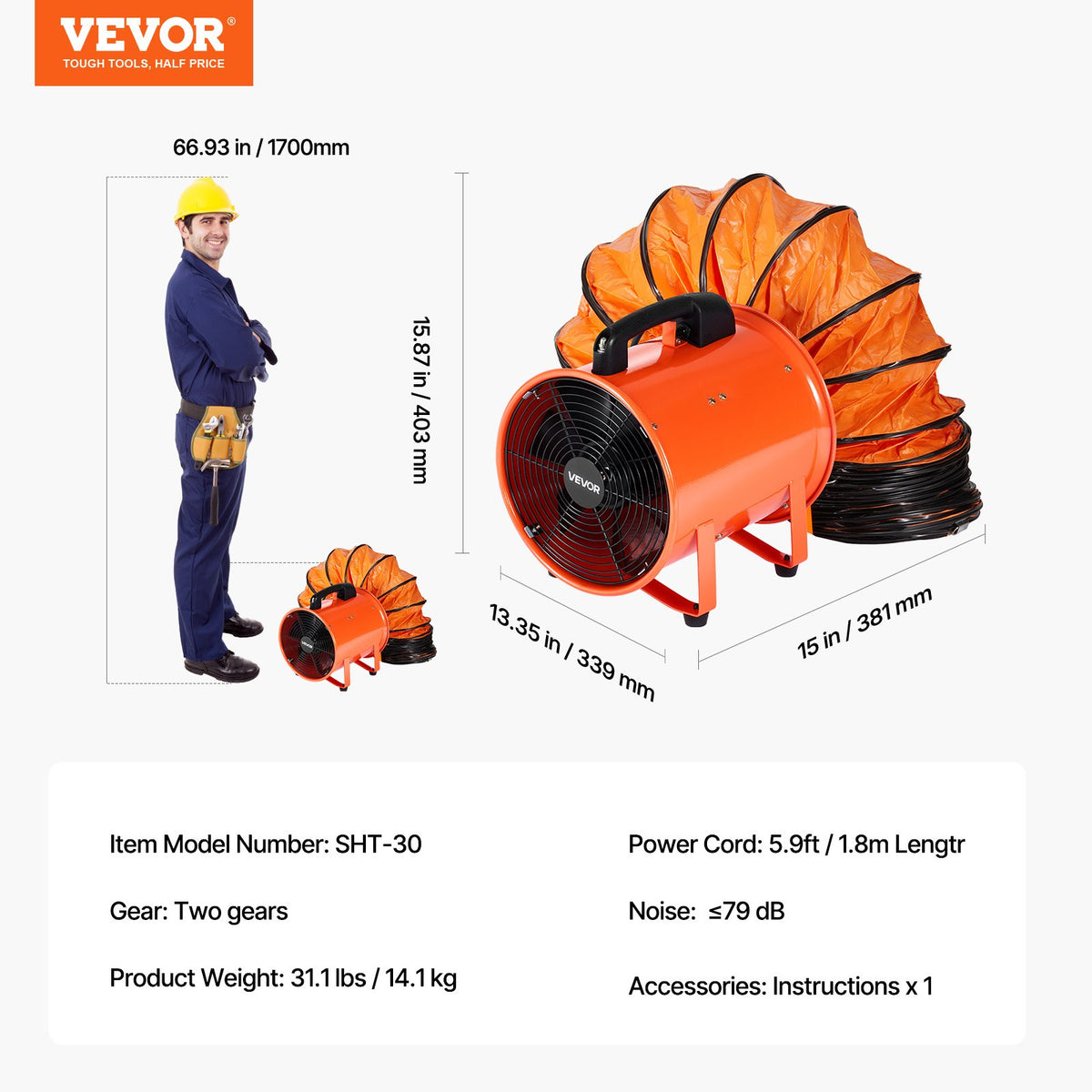 VEVOR Portable Ventilator, 12 inch Heavy Duty Cylinder Fan with 33ft Duct Hose, 560W Strong Shop Exhaust Blower 2894CFM, Industrial Utility Blower for Sucking Dust, Smoke, Smoke Home/Workplace