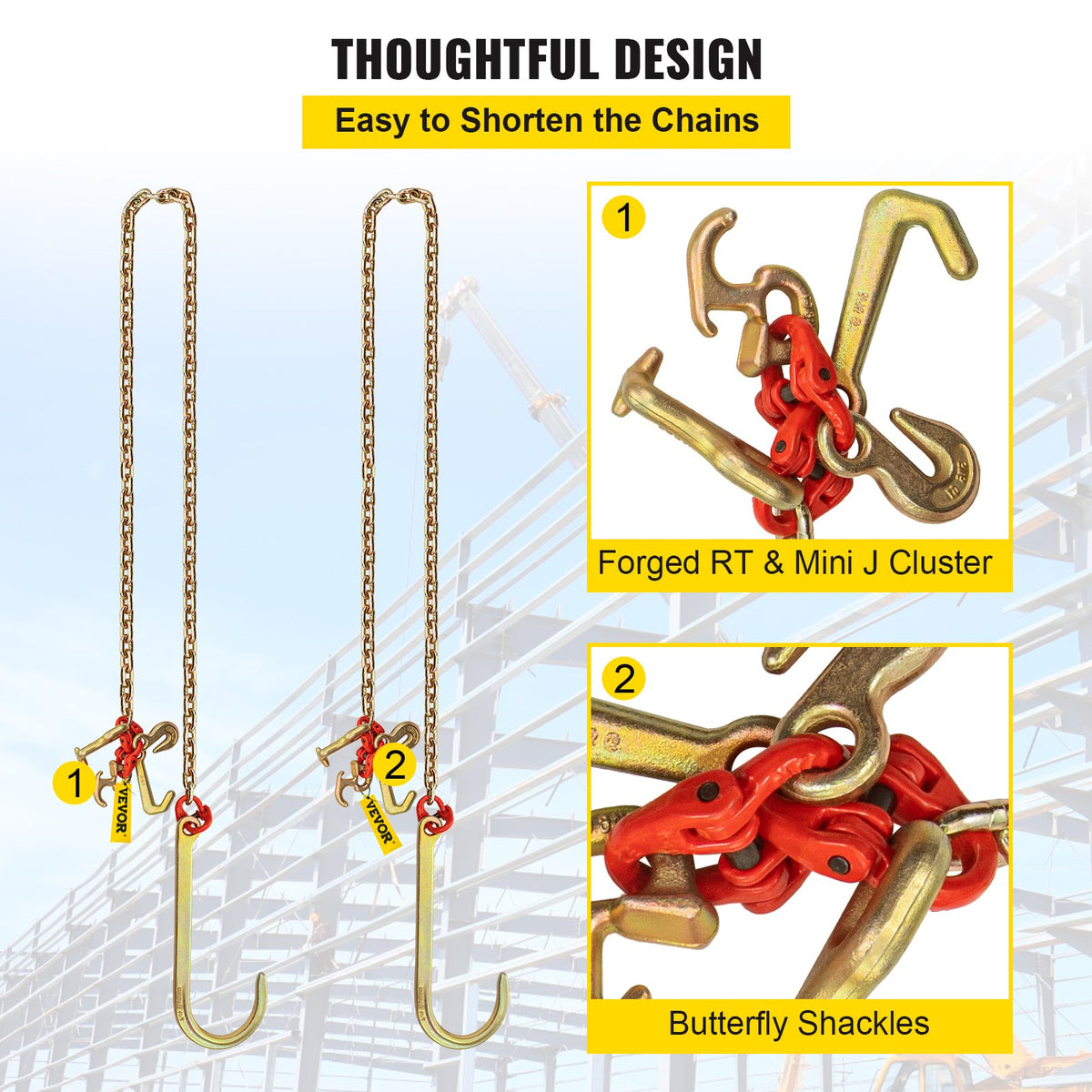VEVOR J Hook Chain, 2PCS 5/16" x 10' G80 15" Long Shank J Hook Tow Chain with RTJ Cluster Hook & Grab Hook, 5400 lbs Working Load, Heavy Duty Transport Truck Chain for Wrecker Recovery Trailer Towing