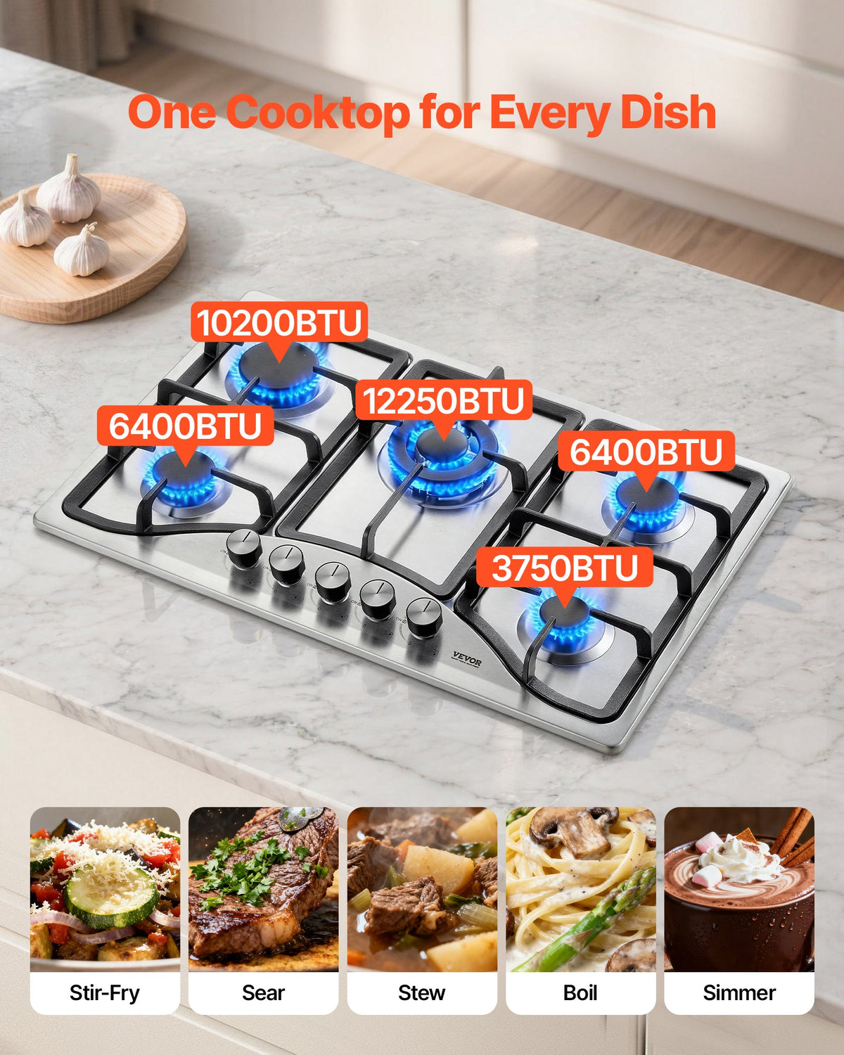 VEVOR 30-inch Gas Cooktop, 5 Burners Built-in Gas Stove Top, Max 12250BTU NG/LPG Convertible Stainless Steel Natural Gas Hob, with Thermocouple Protection for Camping, RV, Apartment