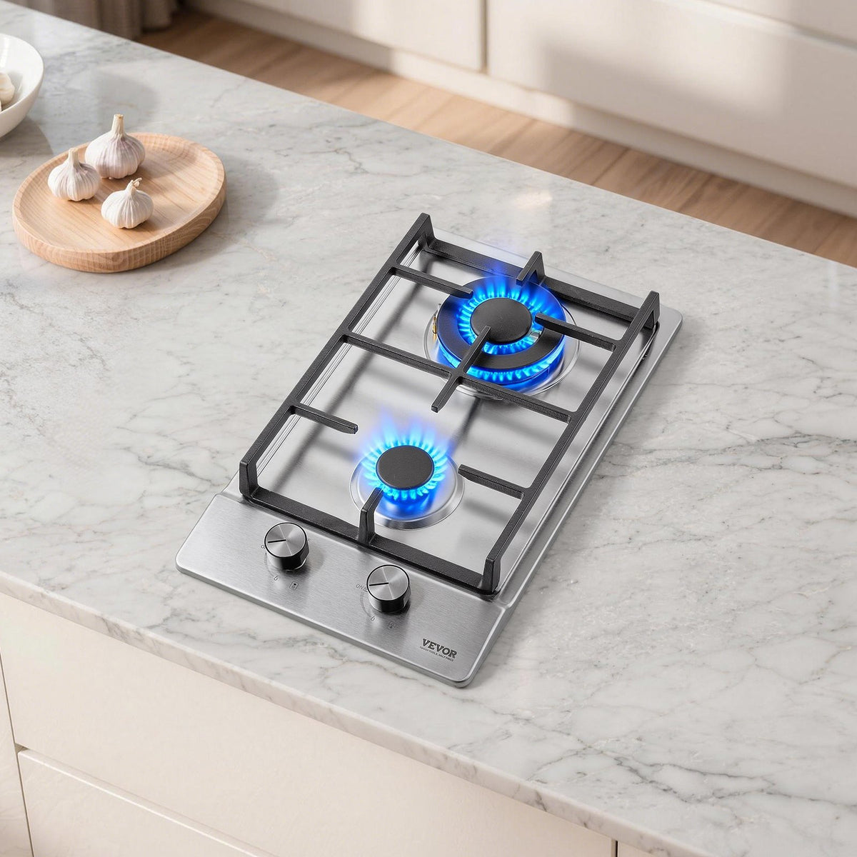 VEVOR Gas Cooktop 12 inch, Max 12250BTU 2 Burners Built-in Stainless Steel Gas Stove Top, LPG/NG Convertible Dual Fuel Natural Gas Hob with Thermocouple Protection for Outdoor, Kitchen, Camping, RV