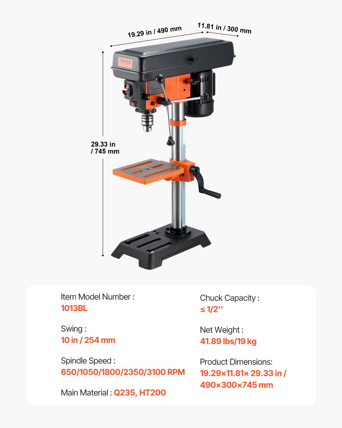 VEVOR Benchtop Drill Press, 3.2 Amp, 5-Speed Adjustable Drill Press with 650/1050/1800/2350/3100 RPM, 10-inch Swing, Cast Iron Frame, 0-45° Tiltling Worktable, Work Light, for Drilling Wood & Metal