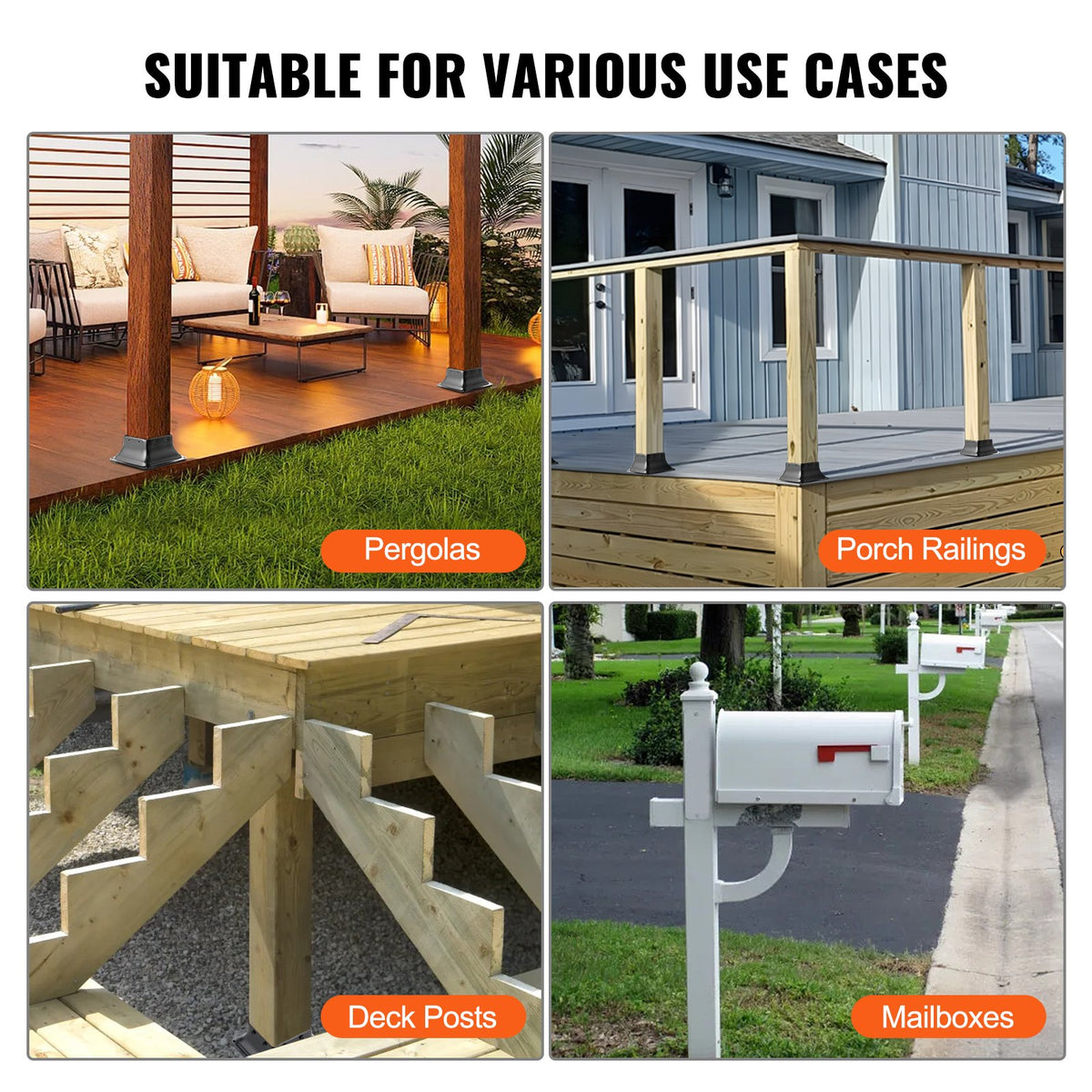 VEVOR 4x4 Post Base 4Pcs, Internal 3.6"x3.6" Heavy Duty Powder-Coated Steel Post Bracket Fit for Standard Wood Post Anchor, Decking Post Base for Deck Porch Handrail Railing Support