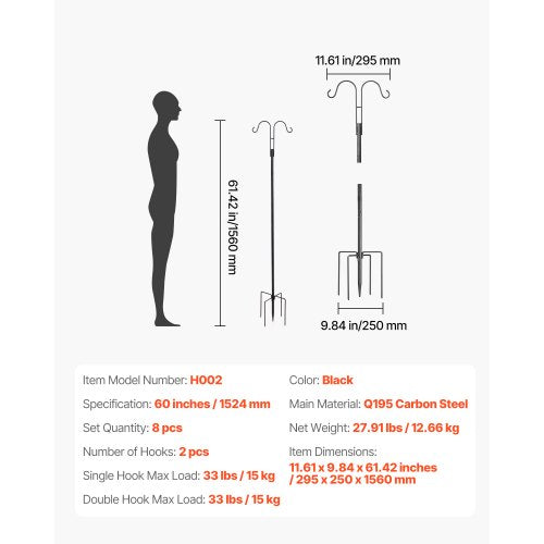 VEVOR Double Shepherds Hooks for Outdoor, 8 Pack 1560 mm Heavy Duty Bird Feeder Pole, 19 mm Thick Garden Hooks for Hanging Hu