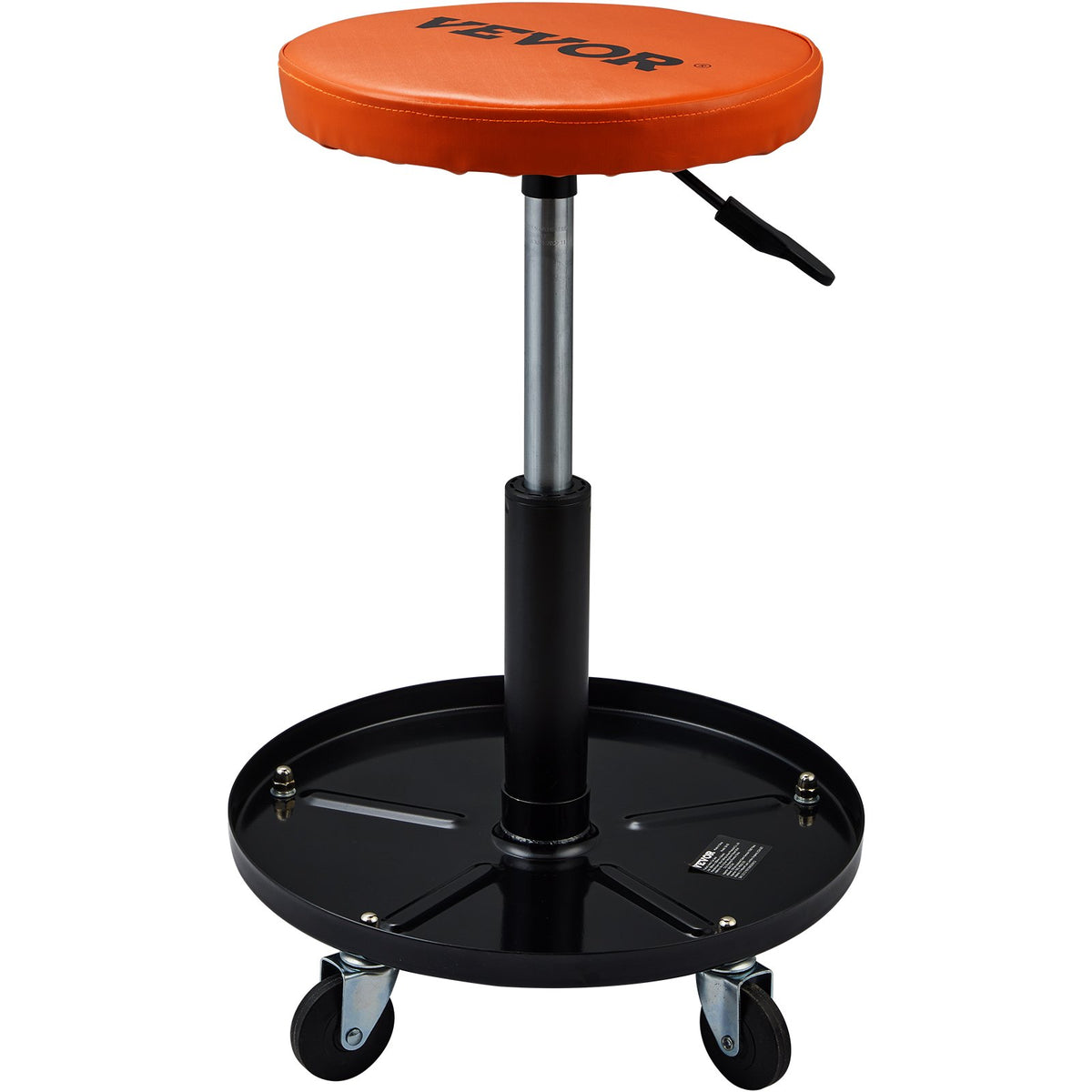 VEVOR Mechanic Stool, 250 LBS Rolling Pneumatic Creeper Garage/Shop Seat, Adjustable Height 22 in-28 in Padded Rolling Workshop Stool with Tool Tray, for Garage, Shop, Auto Repair, Black+Orange