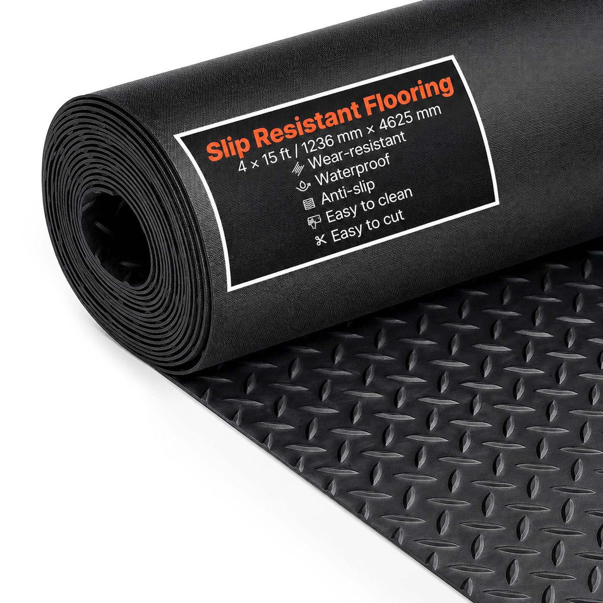 VEVOR Diamond-Plate Rubber Flooring Roll, 3 mm x 4 ft x 15 ft Garage Floor Mat, SBR Rubber Garage Flooring Roll, Easy to Clean, Diamond Plate Rubber Mat for Under Cars, Garage Industry Gym, Black