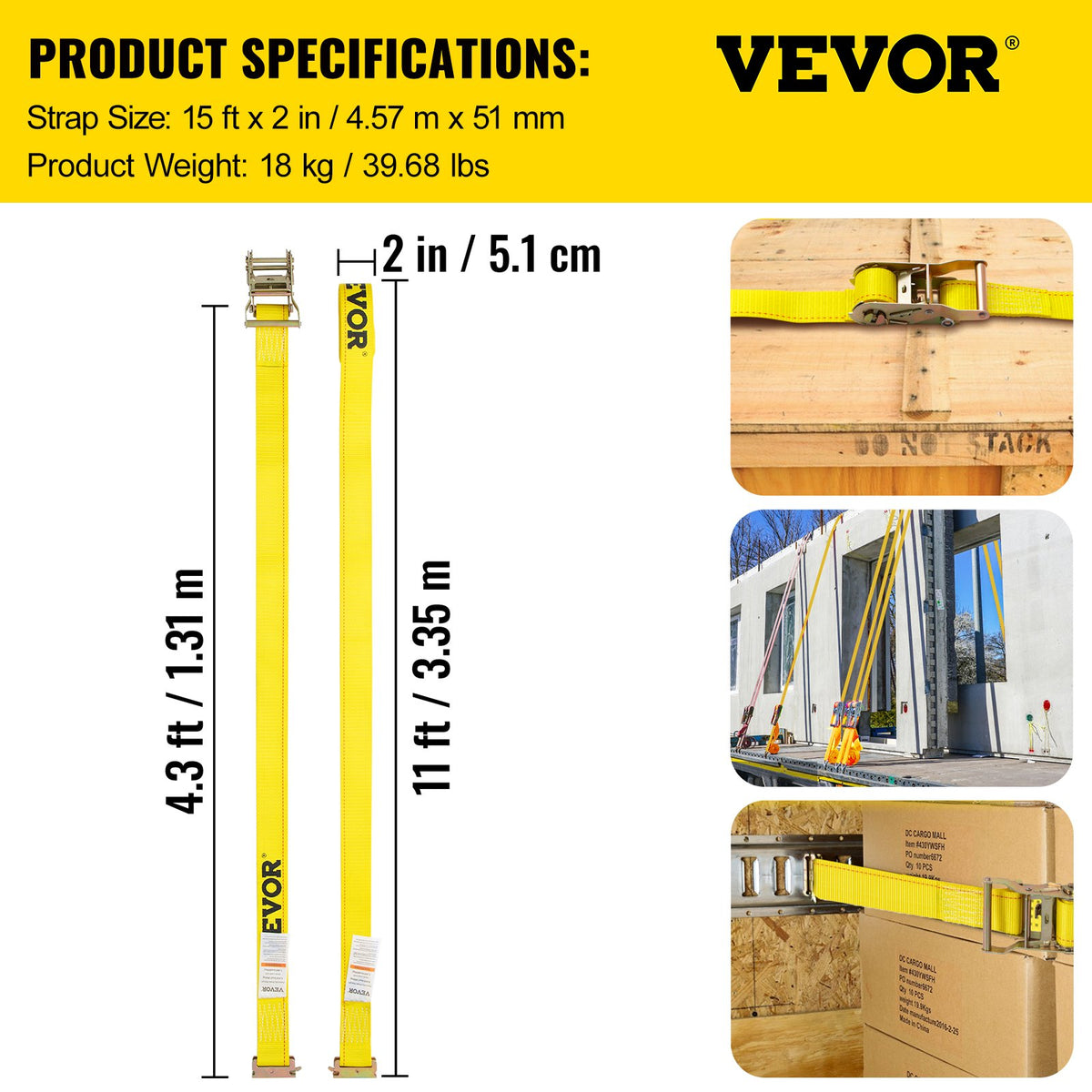 VEVOR E Track Ratchet Strap, 18PCS 2\" x 15\' E-Track Straps 4400 LBS Breaking Strength, with Polyester Webbing & Spring Fitting & Ratchets, Durable Tie-Downs for Motorcycles, Tire, Trailer Loads