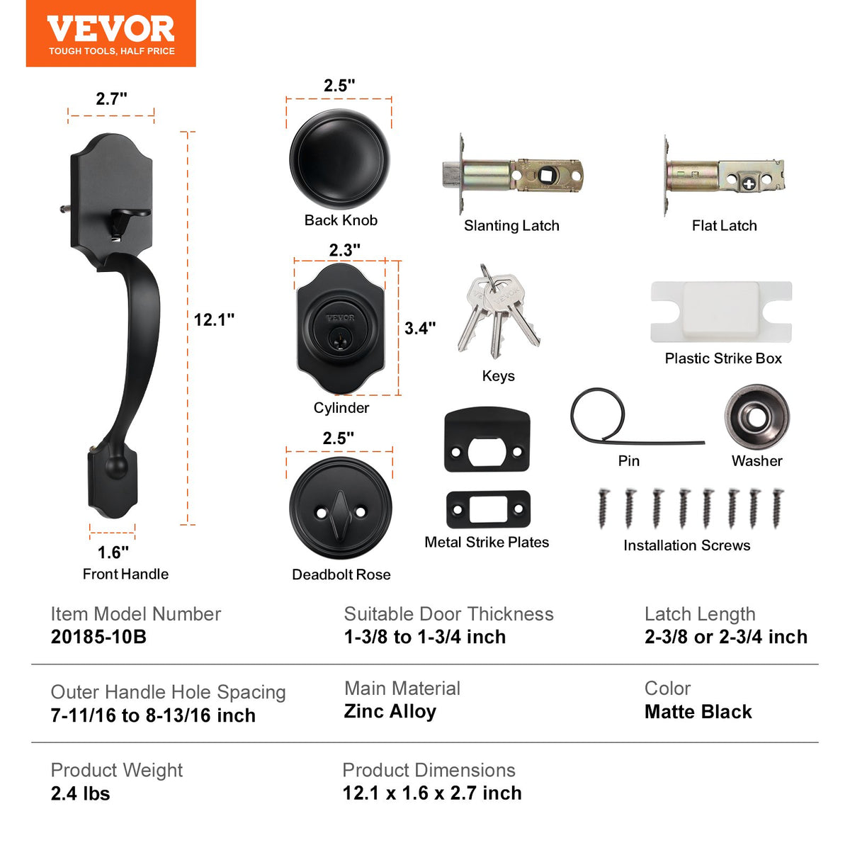 VEVOR Front Door Handle and Deadbolt Set, Matte Black Front Door Lock Set with Interior Knob,  Adjustable Hole Spacing Single Cylinder Handleset, for Right and Left Handed Entrance and Front Door