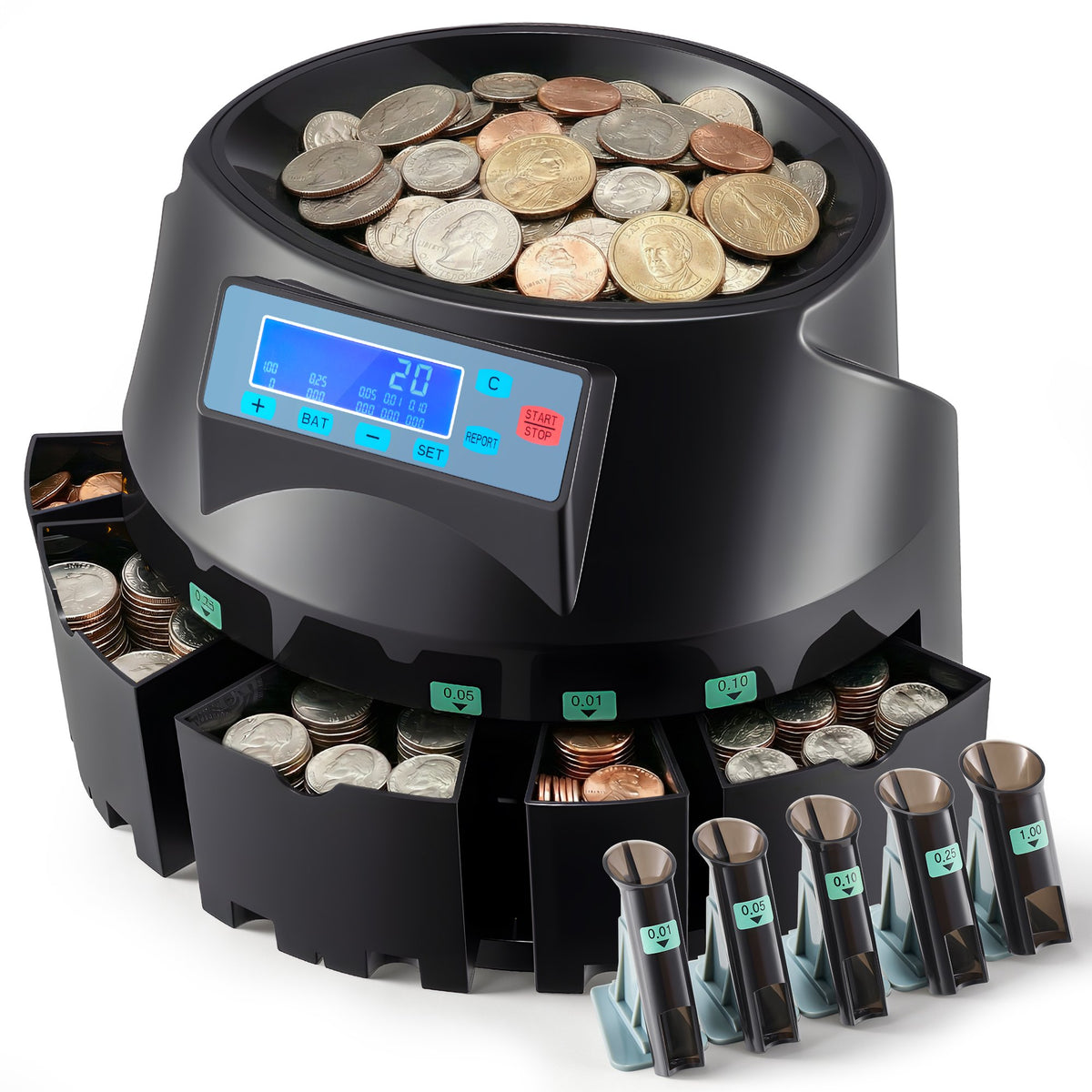 VEVOR USD Coin Counter & Coin Sorters with LCD Display, Coin Sorter Machine for USD Coin 1￠ 5￠ 10￠ 25￠ $1, Sorts up to 300 Coins/min, Change Counter Holds 2000 Coins Included 5 Coin Bins & 5 Tubes