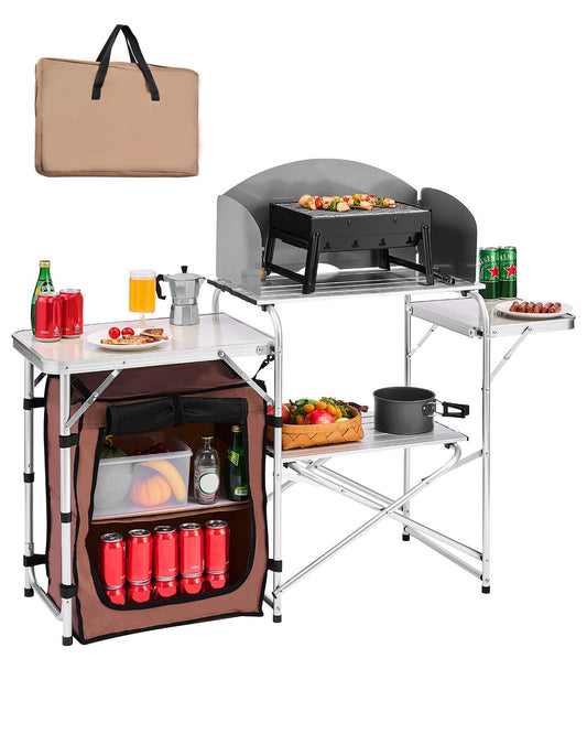 VEVOR Outdoor 2-Tier Kitchen with Zippered Bag, Portable Folding Cook Table for BBQ, Party and Camping, Brown